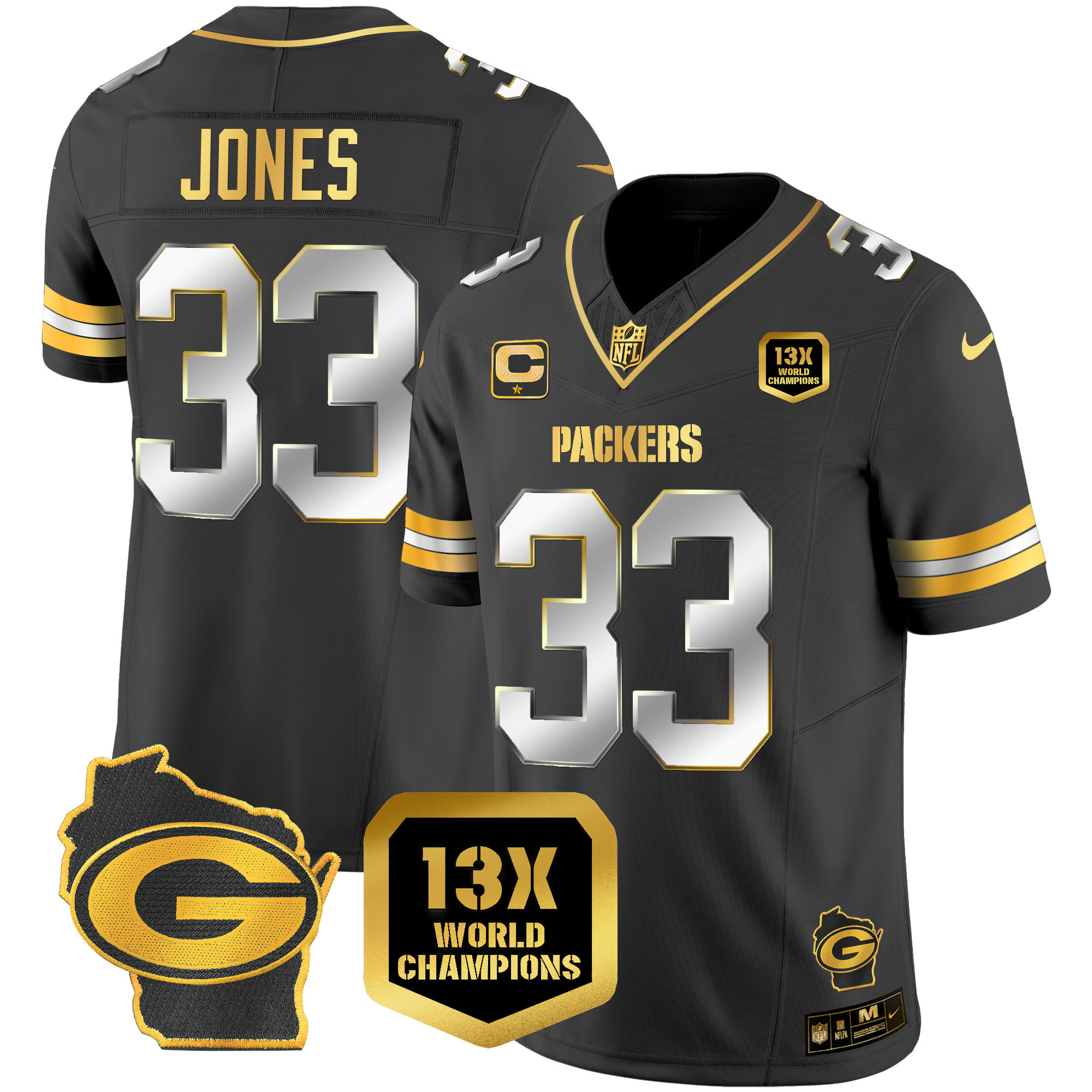 Aaron Jones Men's Green Bay Packers 13 Time World Champions & Home Patch Gold Vapor Jersey Ã¯Â¿Â½ All Stitched Black Limited Jersey - All Stitched