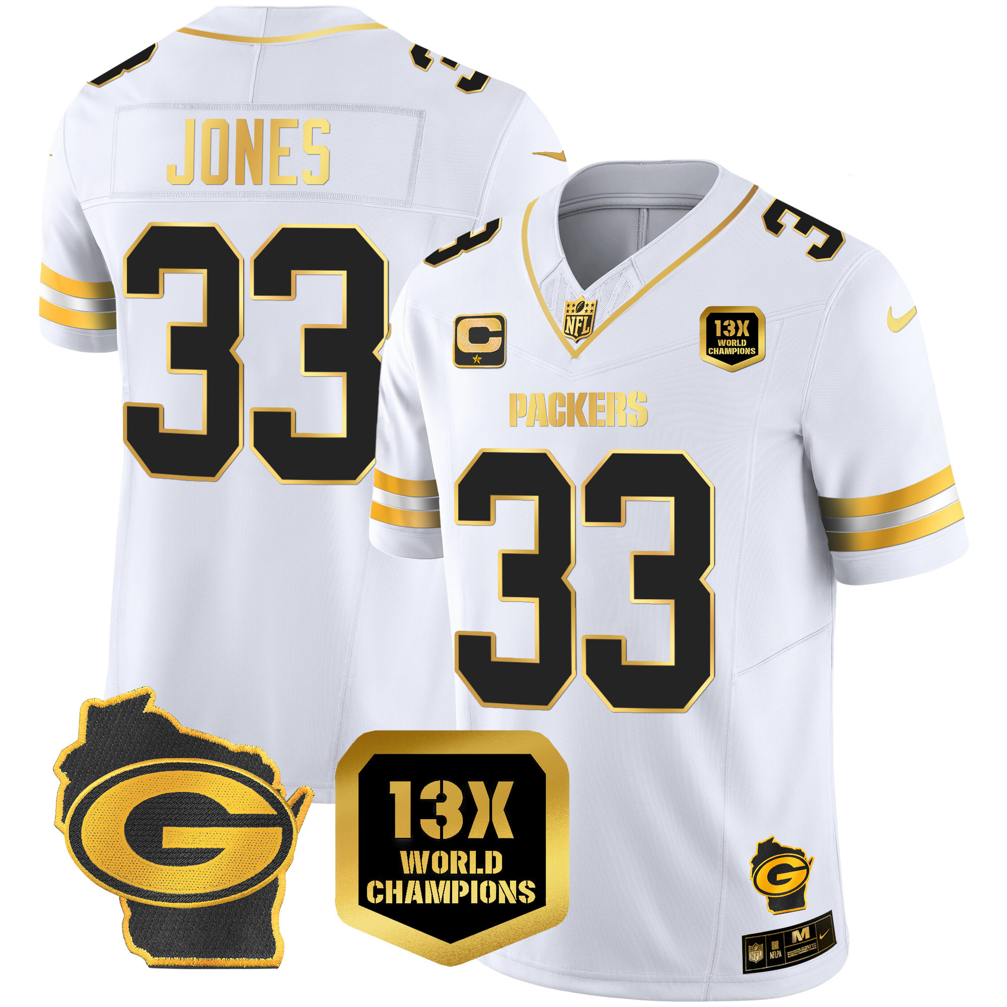 Aaron Jones Men's Green Bay Packers 13 Time World Champions & Home Patch Gold Vapor Jersey Ã¯Â¿Â½ All Stitched White Gold Jersey - All Stitched
