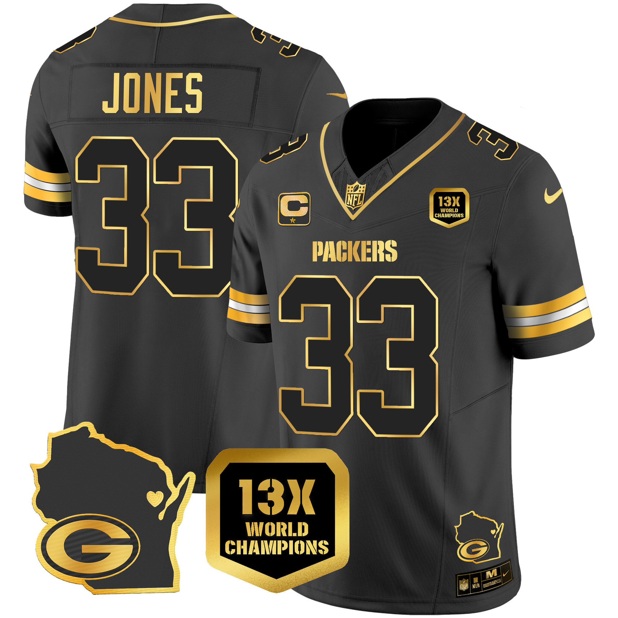 Aaron Jones Men's Green Bay Packers 13 Time World Champions & Home Patch Gold Vapor Jersey V2 Ã¯Â¿Â½ All Stitched Black Gold Jersey - All Stitched