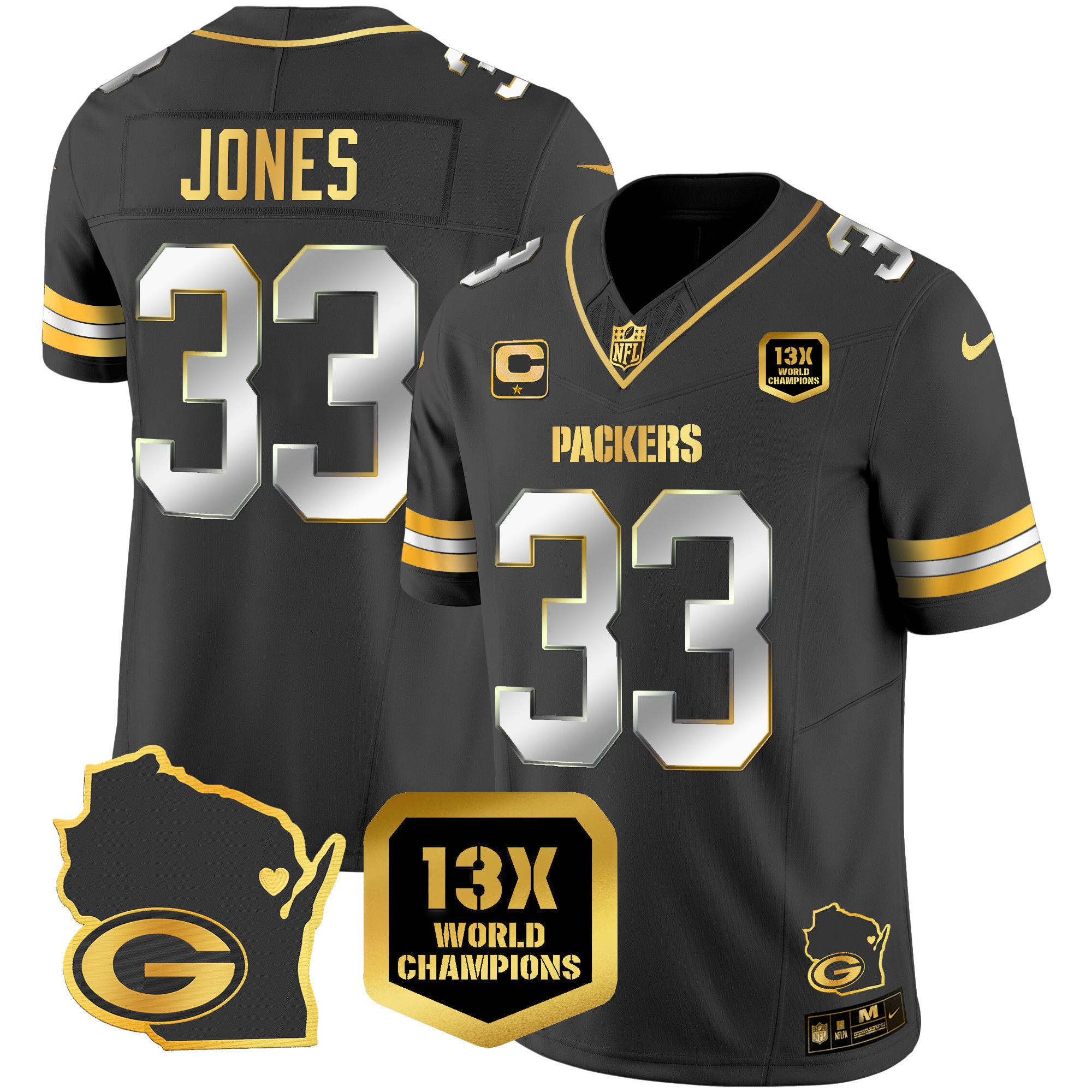 Aaron Jones Men's Green Bay Packers 13 Time World Champions & Home Patch Gold Vapor Jersey V2 Ã¯Â¿Â½ All Stitched Black Limited Jersey - All Stitched