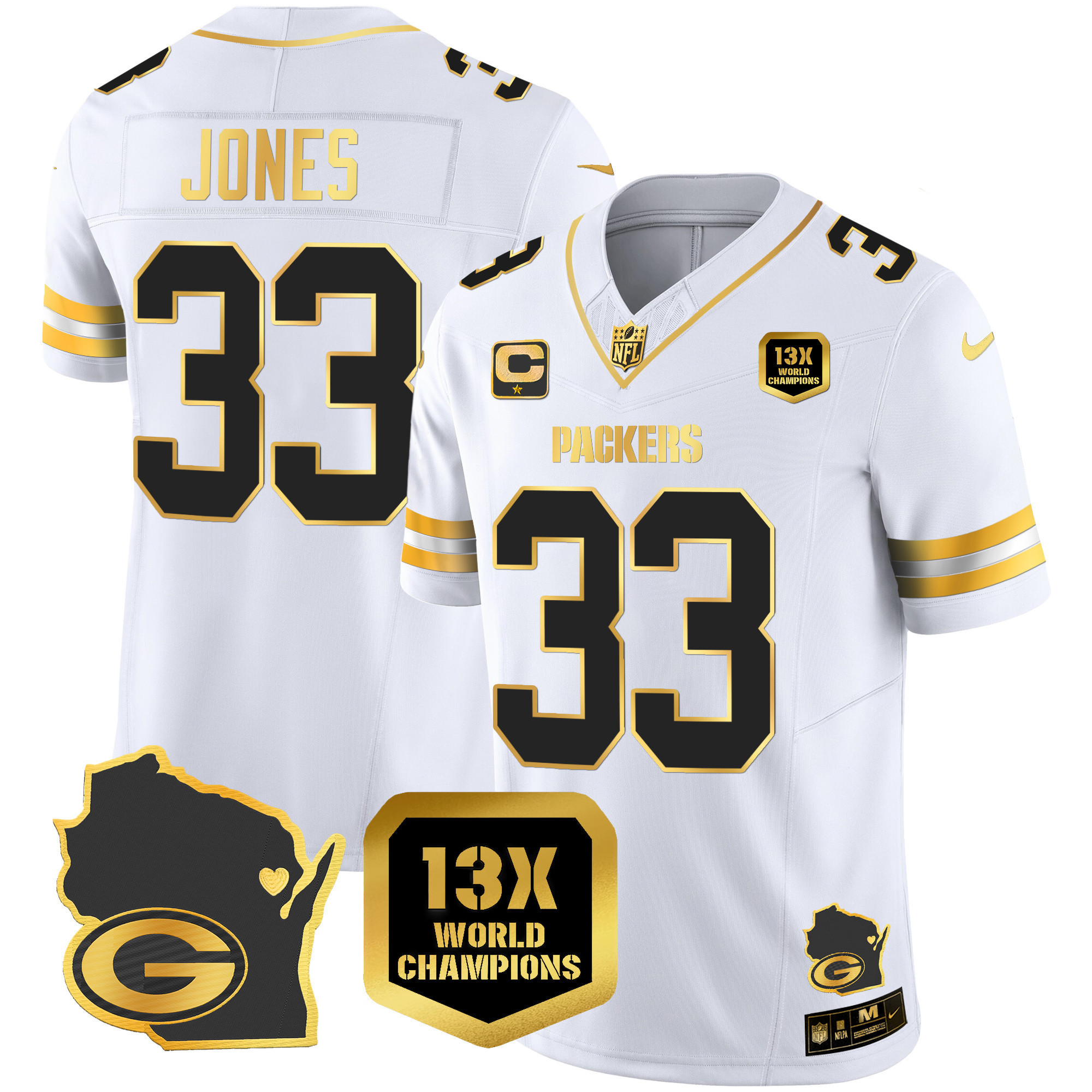 Aaron Jones Men's Green Bay Packers 13 Time World Champions & Home Patch Gold Vapor Jersey V2 Ã¯Â¿Â½ All Stitched White Gold Jersey - All Stitched