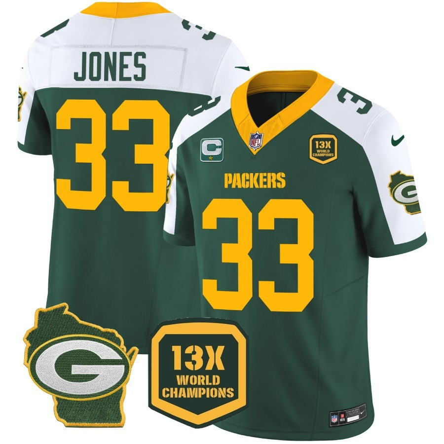 Aaron Jones Men's Green Bay Packers 13 Time World Champions & Home Patch Vapor Jersey Ã¯Â¿Â½ All Stitched Alternate Jersey - All Stitched