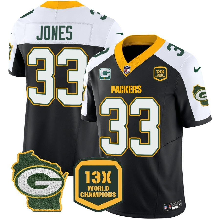Aaron Jones Men's Green Bay Packers 13 Time World Champions & Home Patch Vapor Jersey Ã¯Â¿Â½ All Stitched Black Alternate Jersey - All Stitched