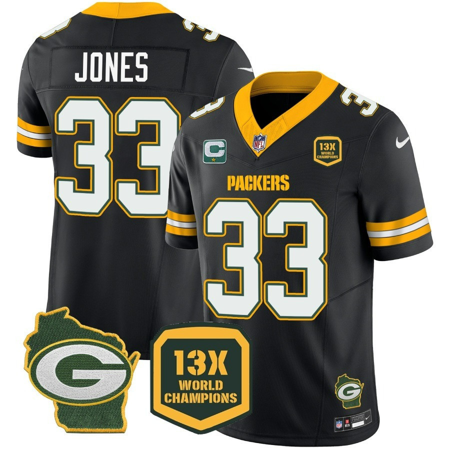 Aaron Jones Men's Green Bay Packers 13 Time World Champions & Home Patch Vapor Jersey Ã¯Â¿Â½ All Stitched Black Jersey - All Stitched