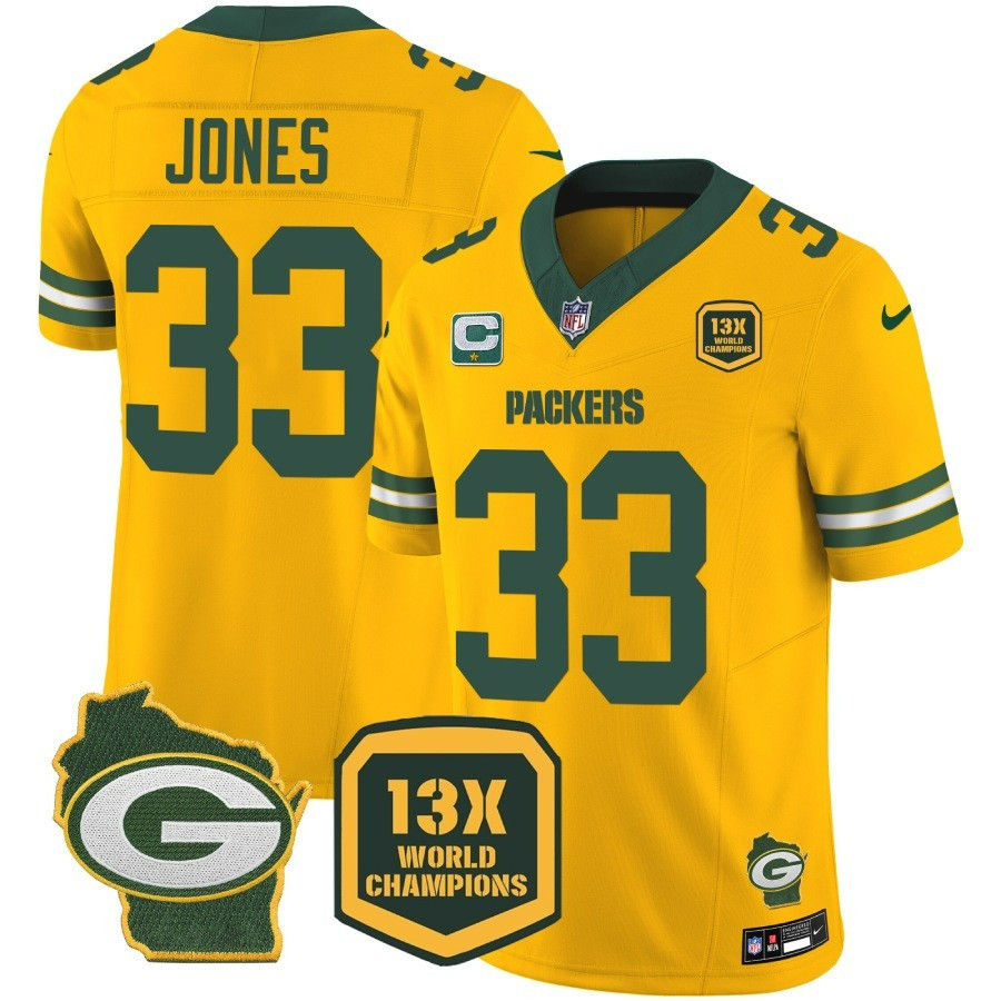 Aaron Jones Men's Green Bay Packers 13 Time World Champions & Home Patch Vapor Jersey Ã¯Â¿Â½ All Stitched Gold Jersey - All Stitched