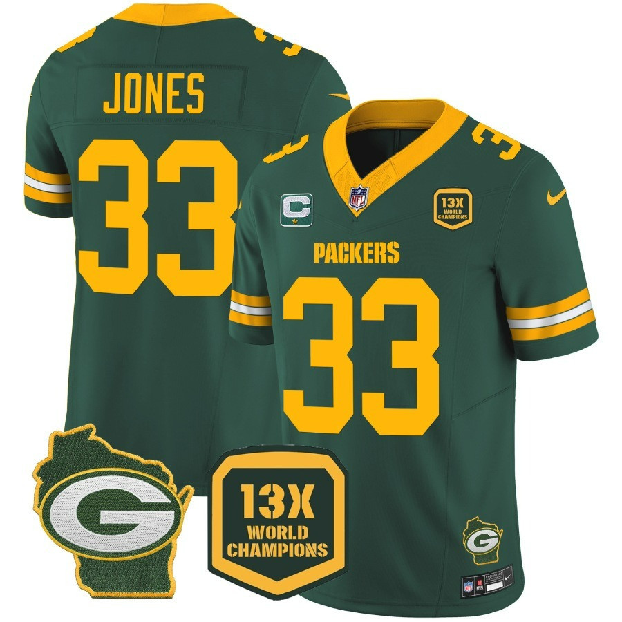Aaron Jones Men's Green Bay Packers 13 Time World Champions & Home Patch Vapor Jersey Ã¯Â¿Â½ All Stitched Green Jersey - All Stitched