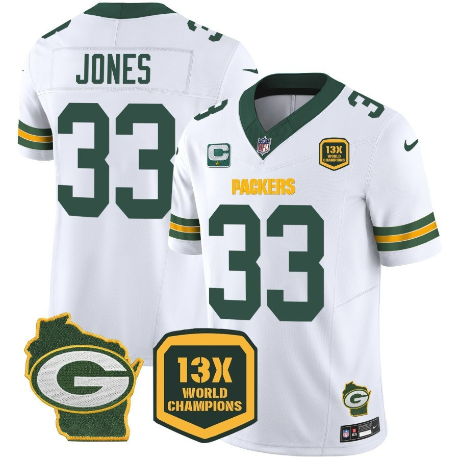 Aaron Jones Men's Green Bay Packers 13 Time World Champions & Home Patch Vapor Jersey Ã¯Â¿Â½ All Stitched White Jersey - All Stitched