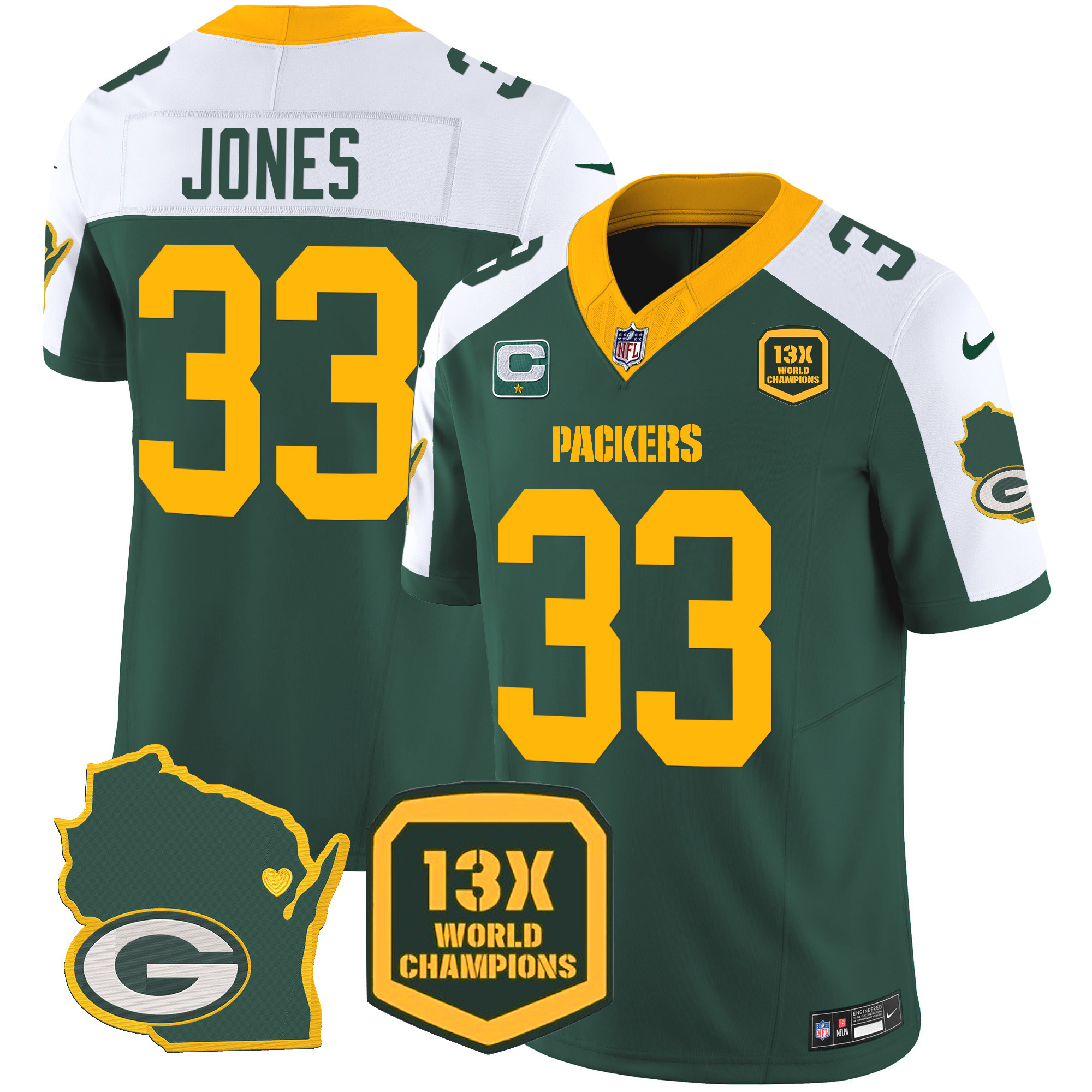 Aaron Jones Men's Green Bay Packers 13 Time World Champions & Home Patch Vapor Jersey V2 Ã¯Â¿Â½ All Stitched Alternate Jersey - All Stitched