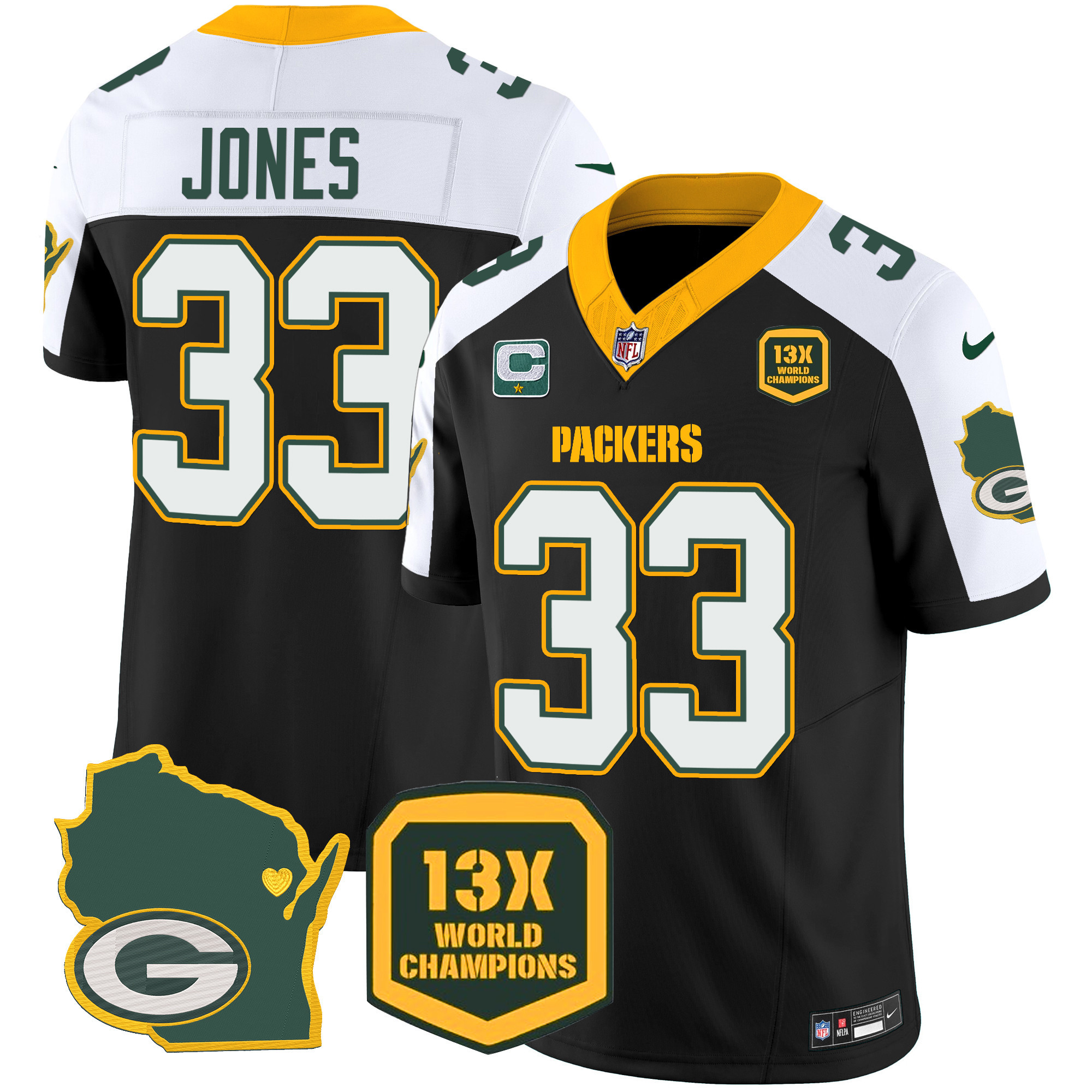 Aaron Jones Men's Green Bay Packers 13 Time World Champions & Home Patch Vapor Jersey V2 Ã¯Â¿Â½ All Stitched Black Alternate Jersey - All Stitched