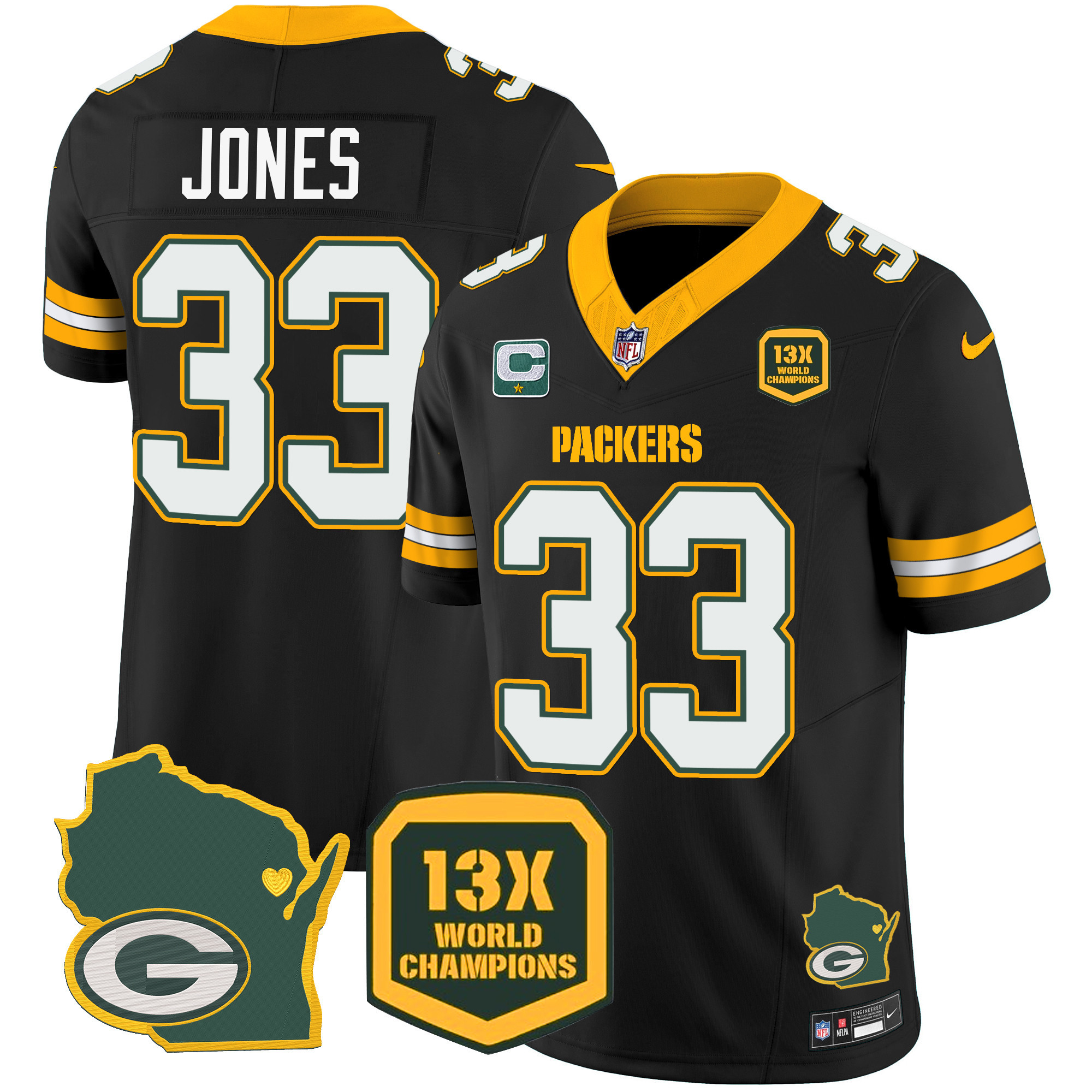 Aaron Jones Men's Green Bay Packers 13 Time World Champions & Home Patch Vapor Jersey V2 Ã¯Â¿Â½ All Stitched Black Jersey - All Stitched