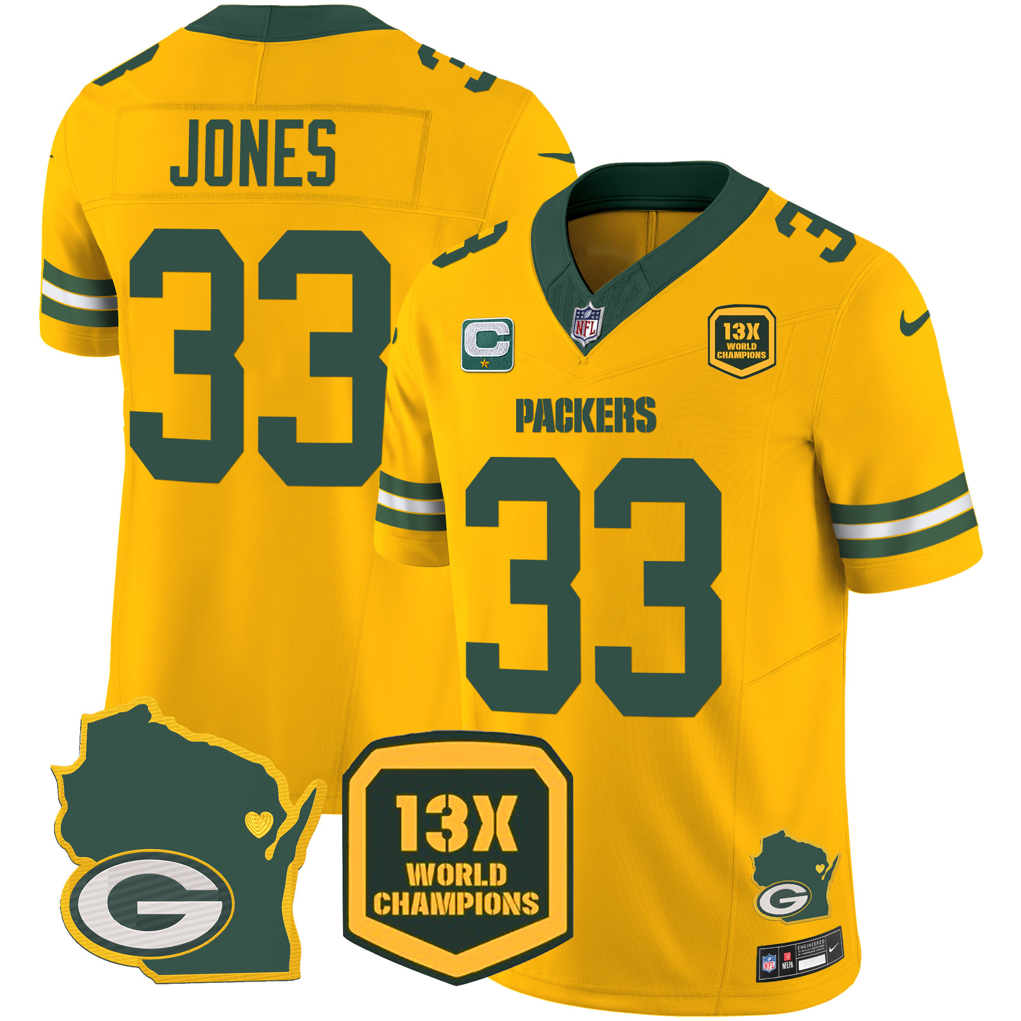 Aaron Jones Men's Green Bay Packers 13 Time World Champions & Home Patch Vapor Jersey V2 Ã¯Â¿Â½ All Stitched Gold Jersey - All Stitched