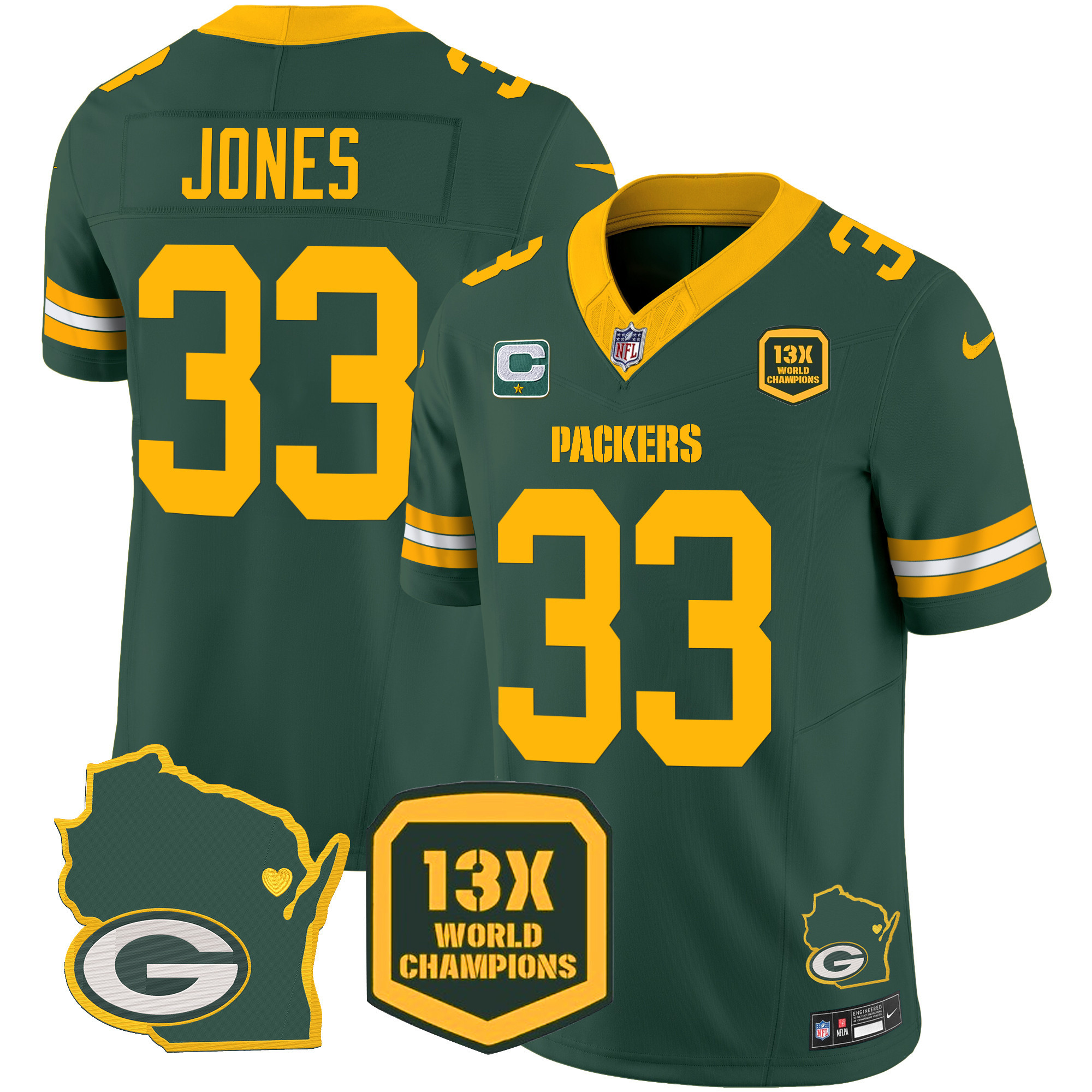 Aaron Jones Men's Green Bay Packers 13 Time World Champions & Home Patch Vapor Jersey V2 Ã¯Â¿Â½ All Stitched Green Jersey - All Stitched