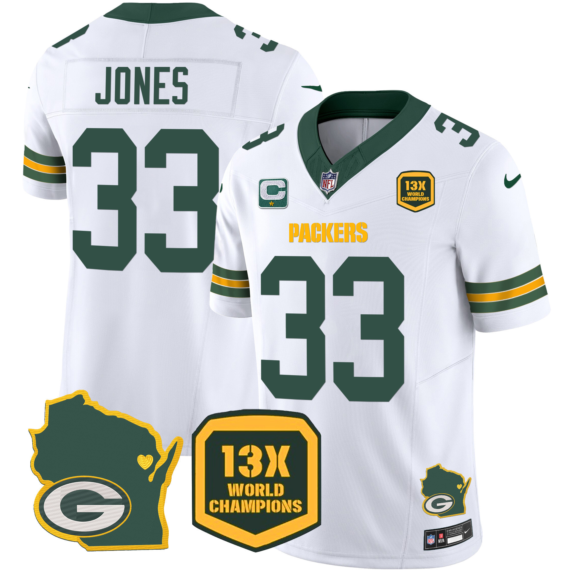 Aaron Jones Men's Green Bay Packers 13 Time World Champions & Home Patch Vapor Jersey V2 Ã¯Â¿Â½ All Stitched White Jersey - All Stitched