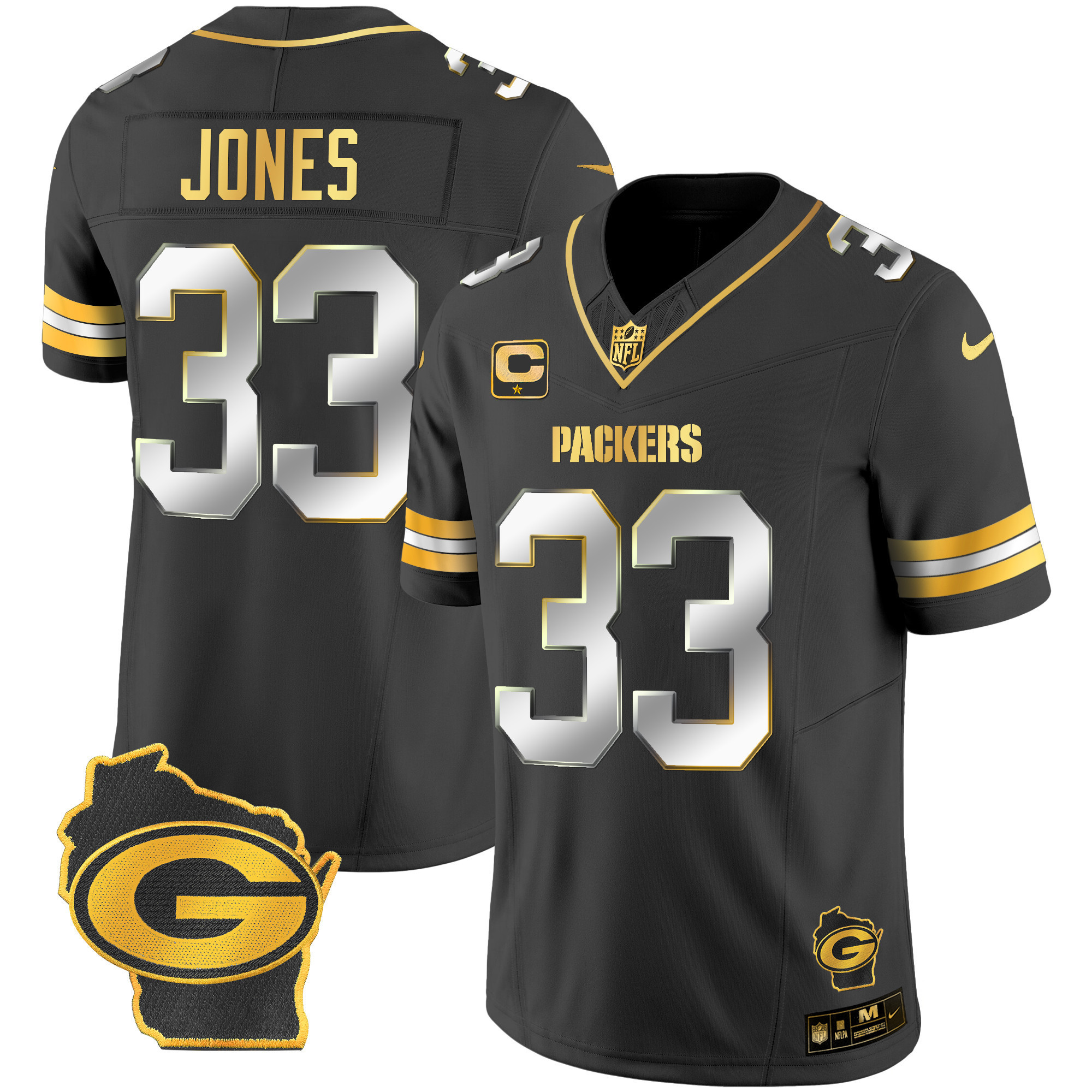 Aaron Jones Men's Green Bay Packers Home Patch Gold Vapor Black Limited Jersey - All Stitched