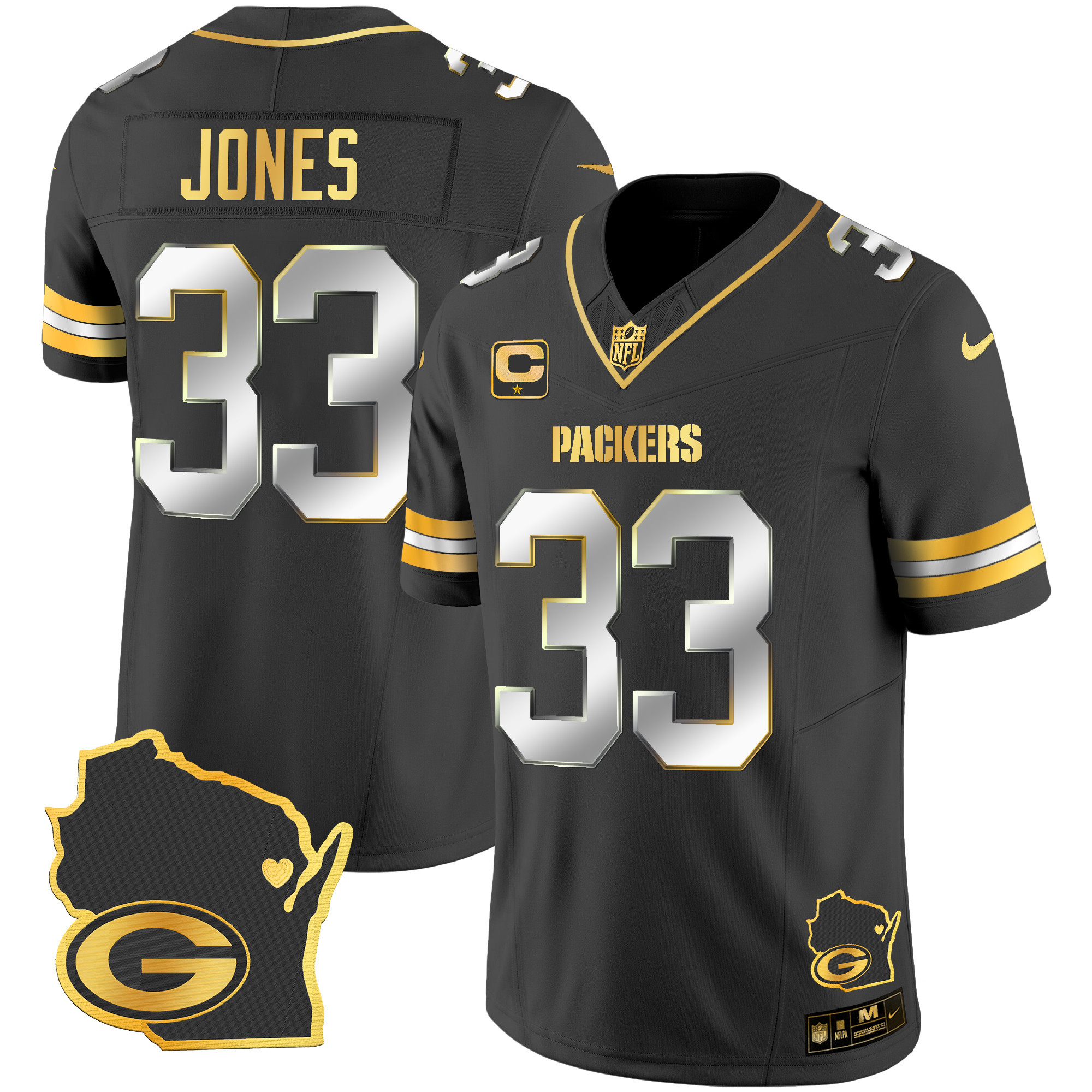 Aaron Jones Men's Green Bay Packers Home Patch Gold Vapor Black Limited Jersey - All Stitched