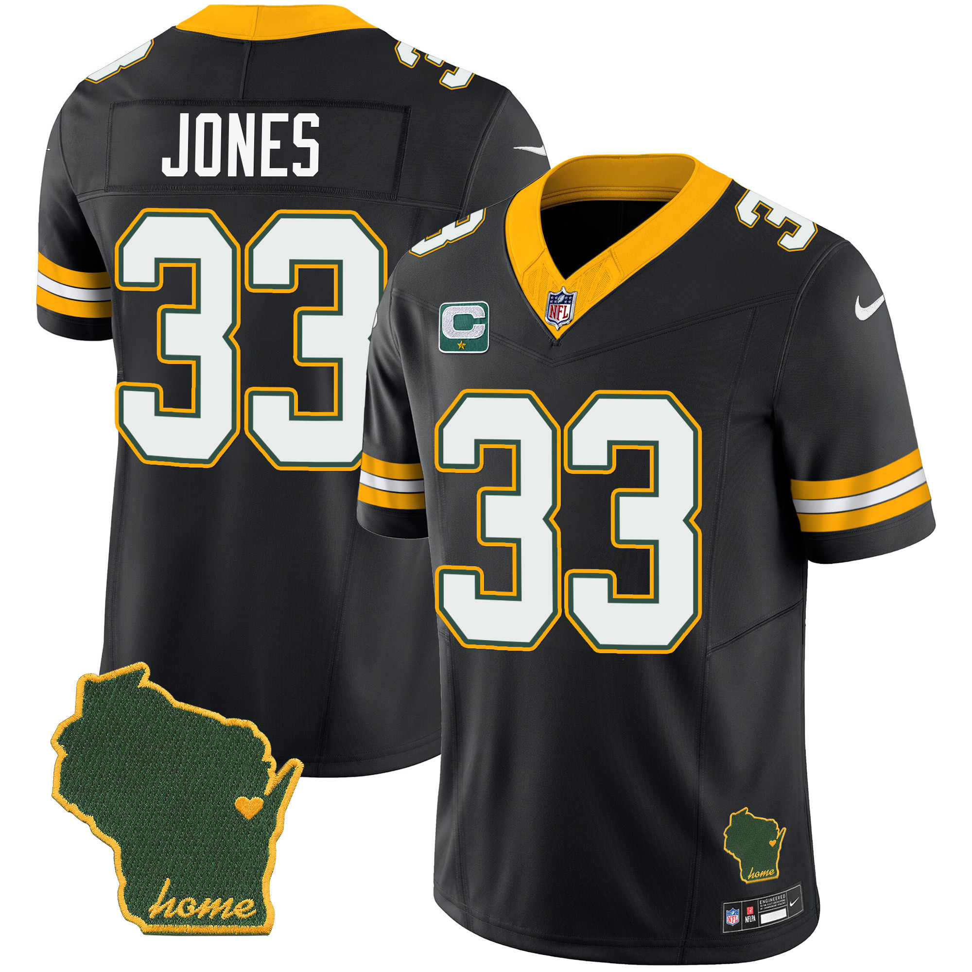 Aaron Jones Men's Green Bay Packers Home Patch Vapor Black Jersey - All Stitched