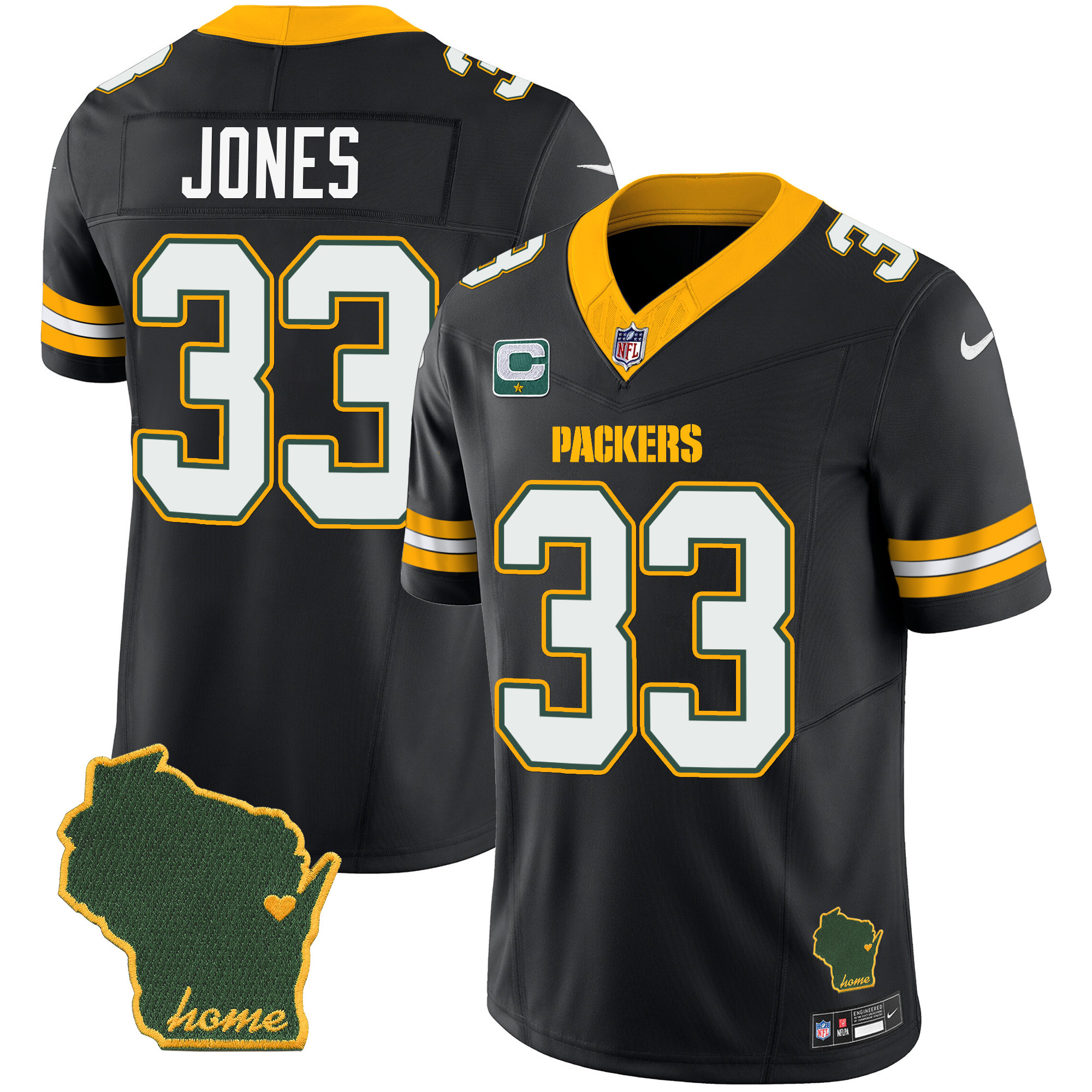 Aaron Jones Men's Green Bay Packers Home Patch Vapor Black Jersey - All Stitched