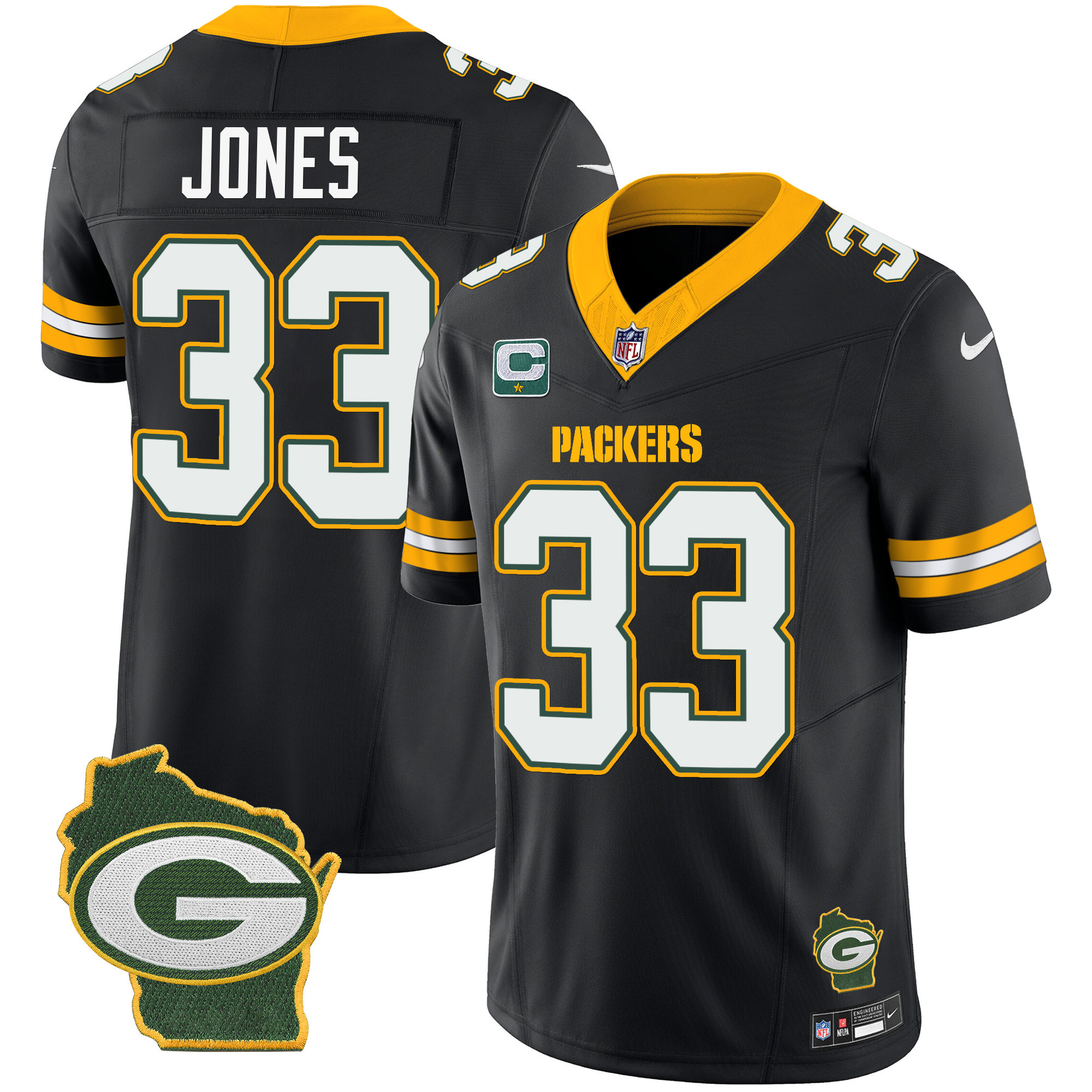 Aaron Jones Men's Green Bay Packers Home Patch Vapor Black Jersey - All Stitched