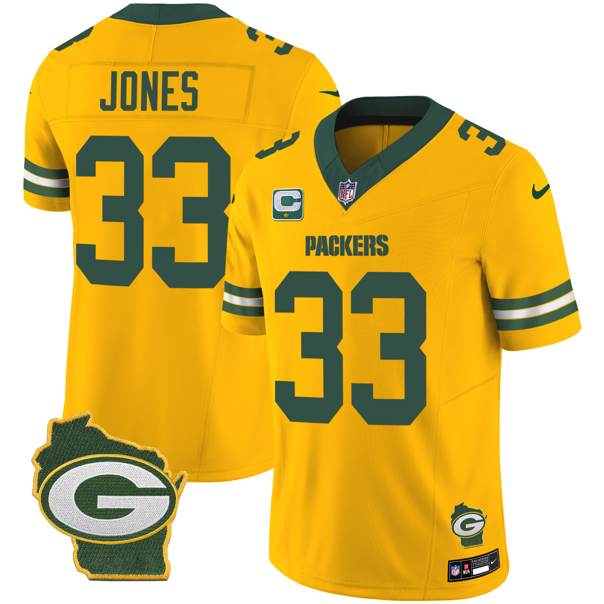 Aaron Jones Men's Green Bay Packers Home Patch Vapor Gold Jersey - All Stitched