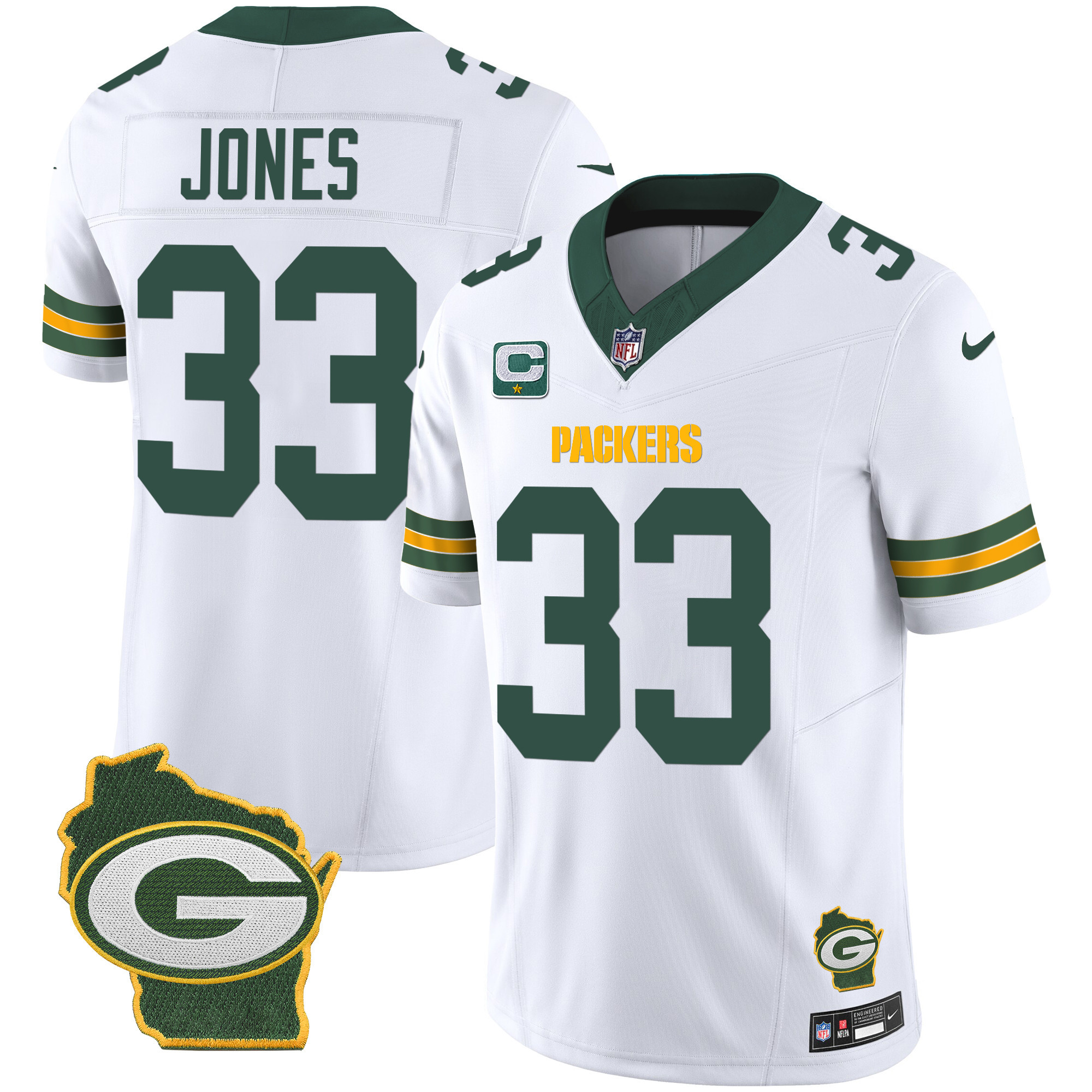 Aaron Jones Men's Green Bay Packers Home Patch Vapor White Jersey - All Stitched