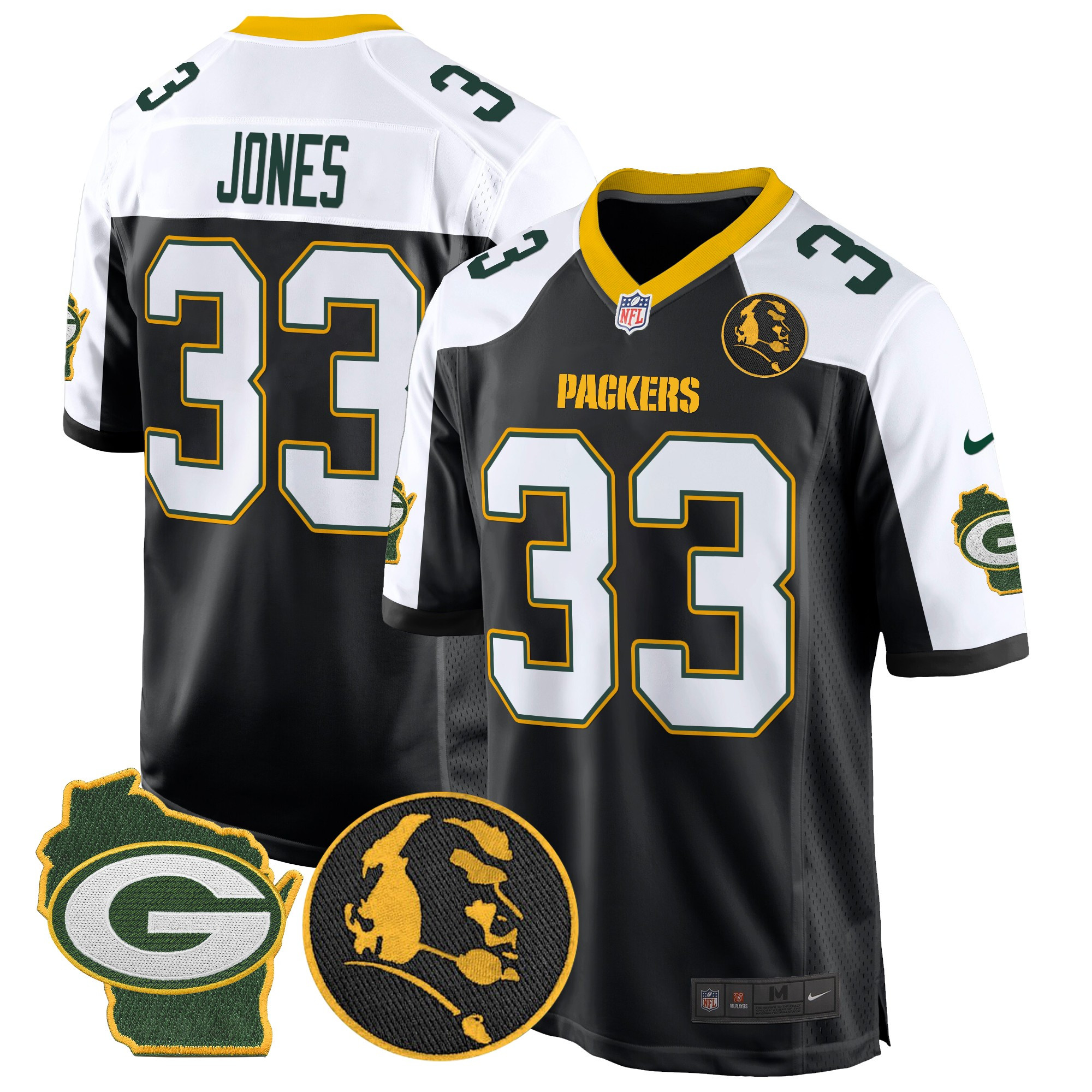Aaron Jones Men's Green Bay Packers John Madden & Home Patch Game Black Alternate Jersey - All Stitched