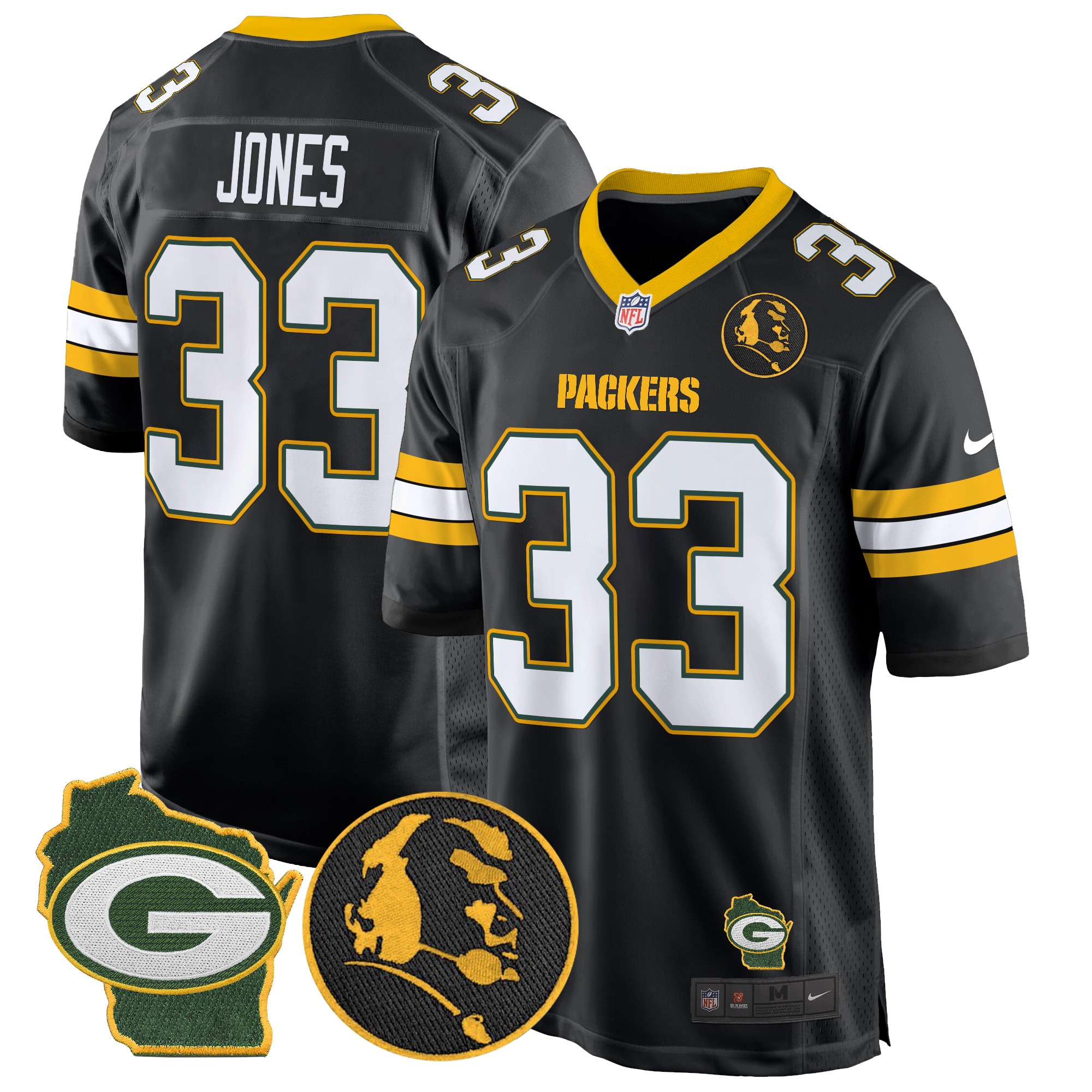 Aaron Jones Men's Green Bay Packers John Madden & Home Patch Game Black Jersey - All Stitched