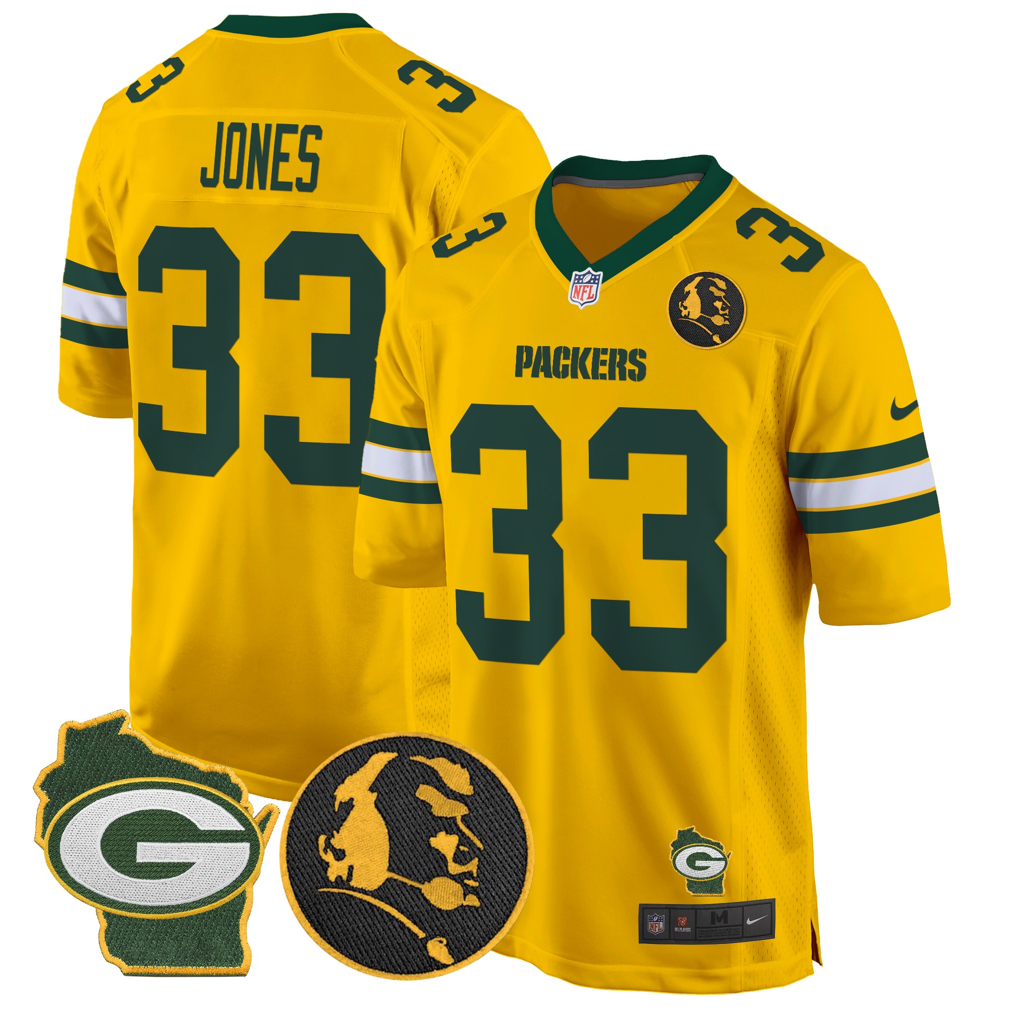 Aaron Jones Men's Green Bay Packers John Madden & Home Patch Game Gold Jersey - All Stitched