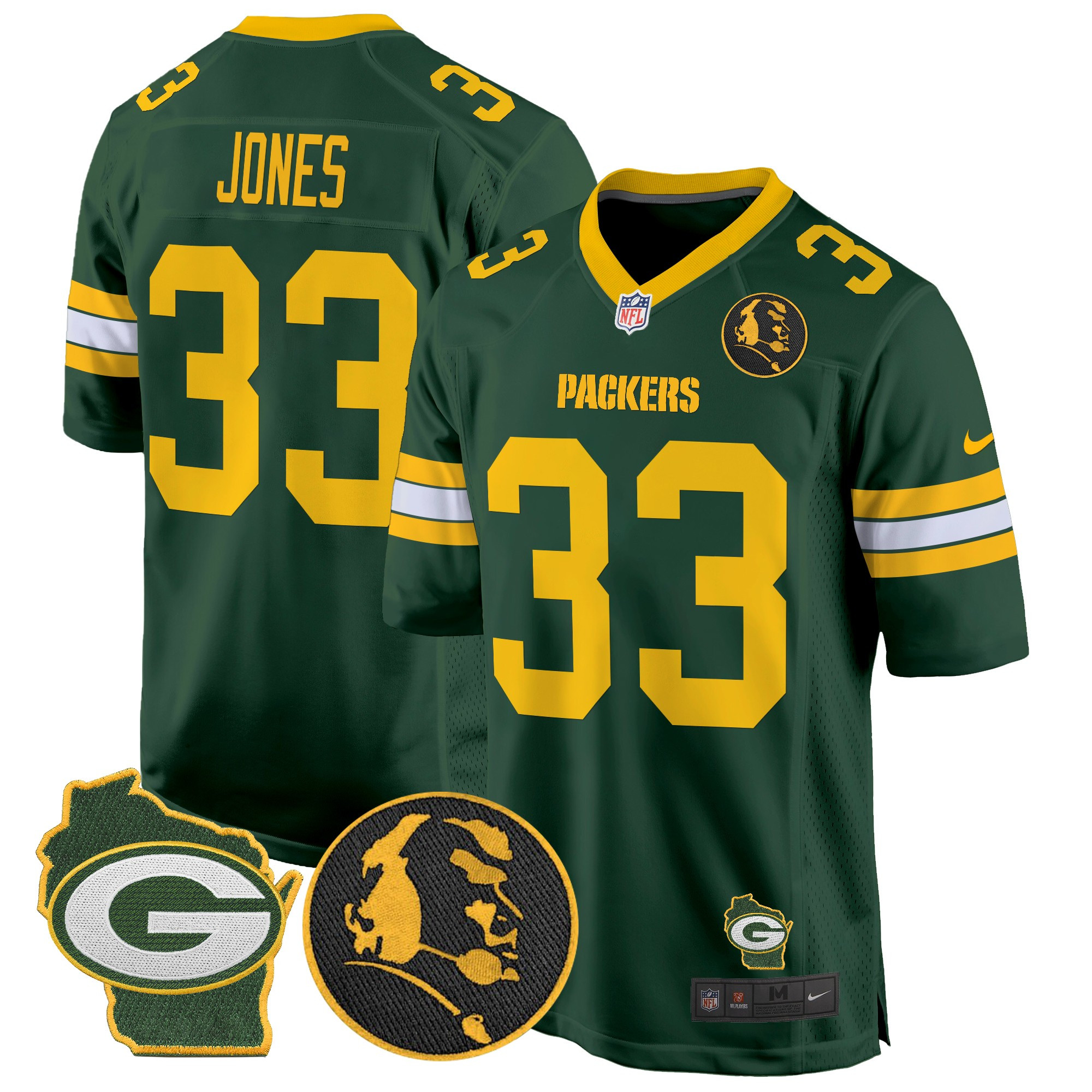 Aaron Jones Men's Green Bay Packers John Madden & Home Patch Game Green Jersey - All Stitched