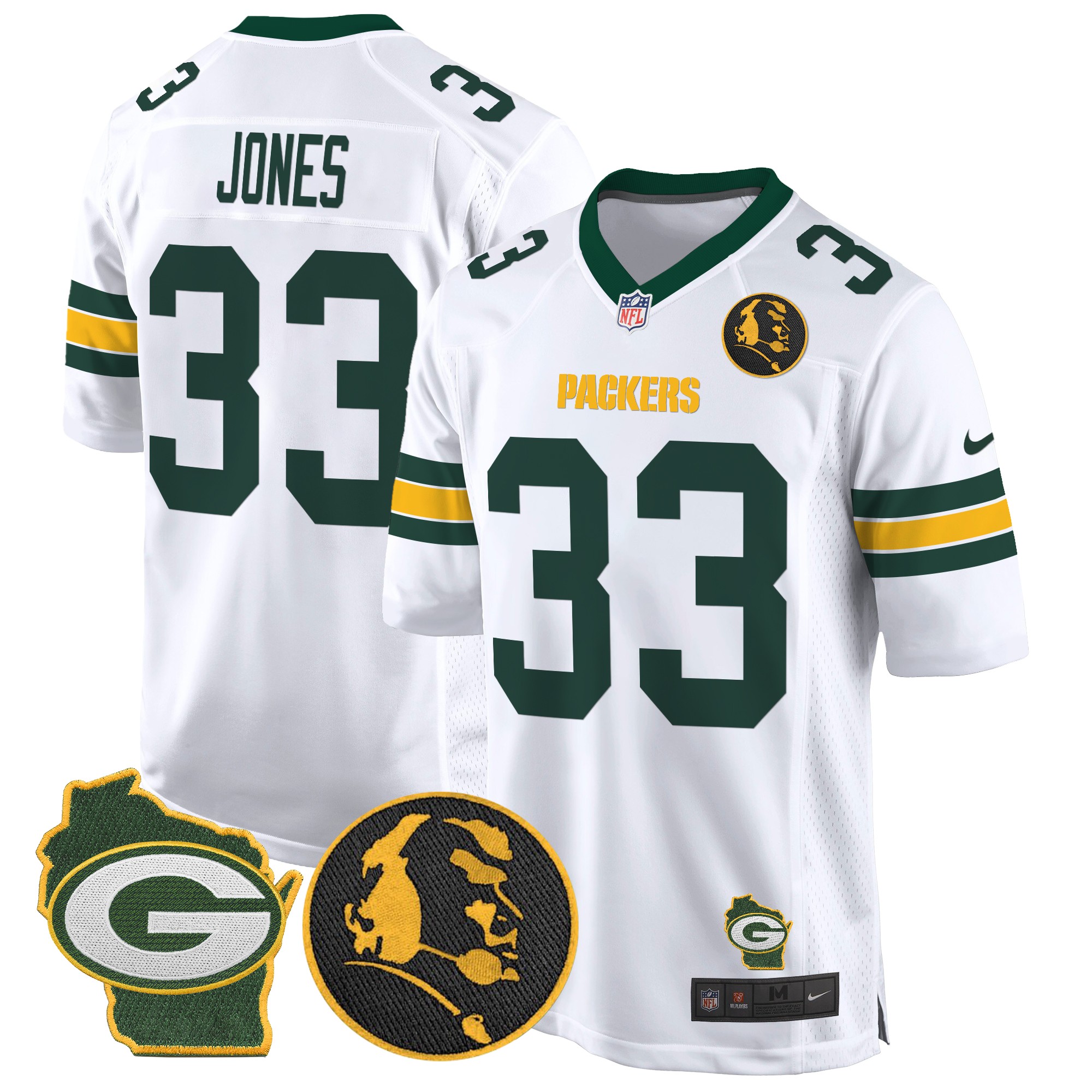 Aaron Jones Men's Green Bay Packers John Madden & Home Patch Game White Jersey - All Stitched