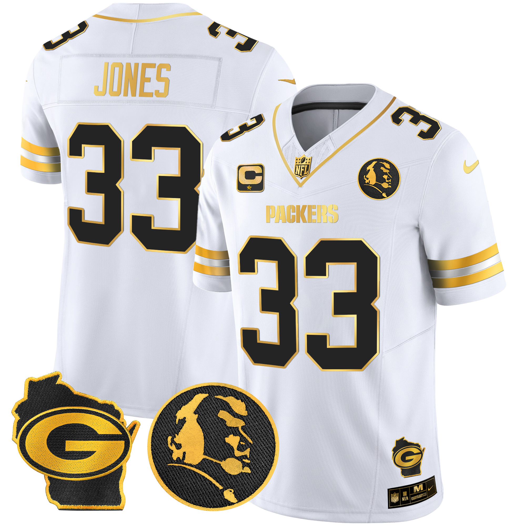 Aaron Jones Men's Green Bay Packers John Madden & Home Patch Gold Vapor Limited White Gold Jersey - All Stitched