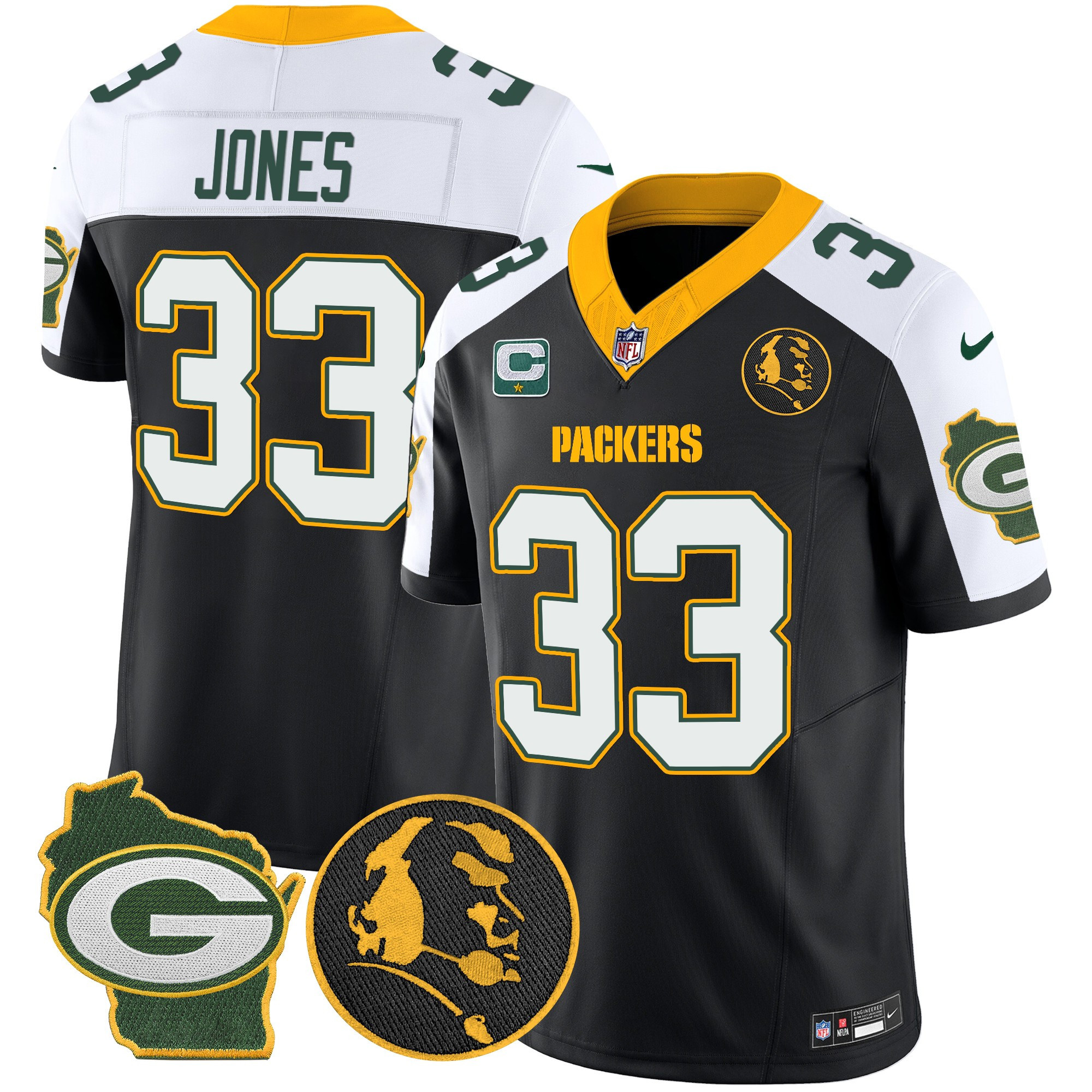 Aaron Jones Men's Green Bay Packers John Madden & Home Patch Vapor Limited Black Alternate Jersey - All Stitched