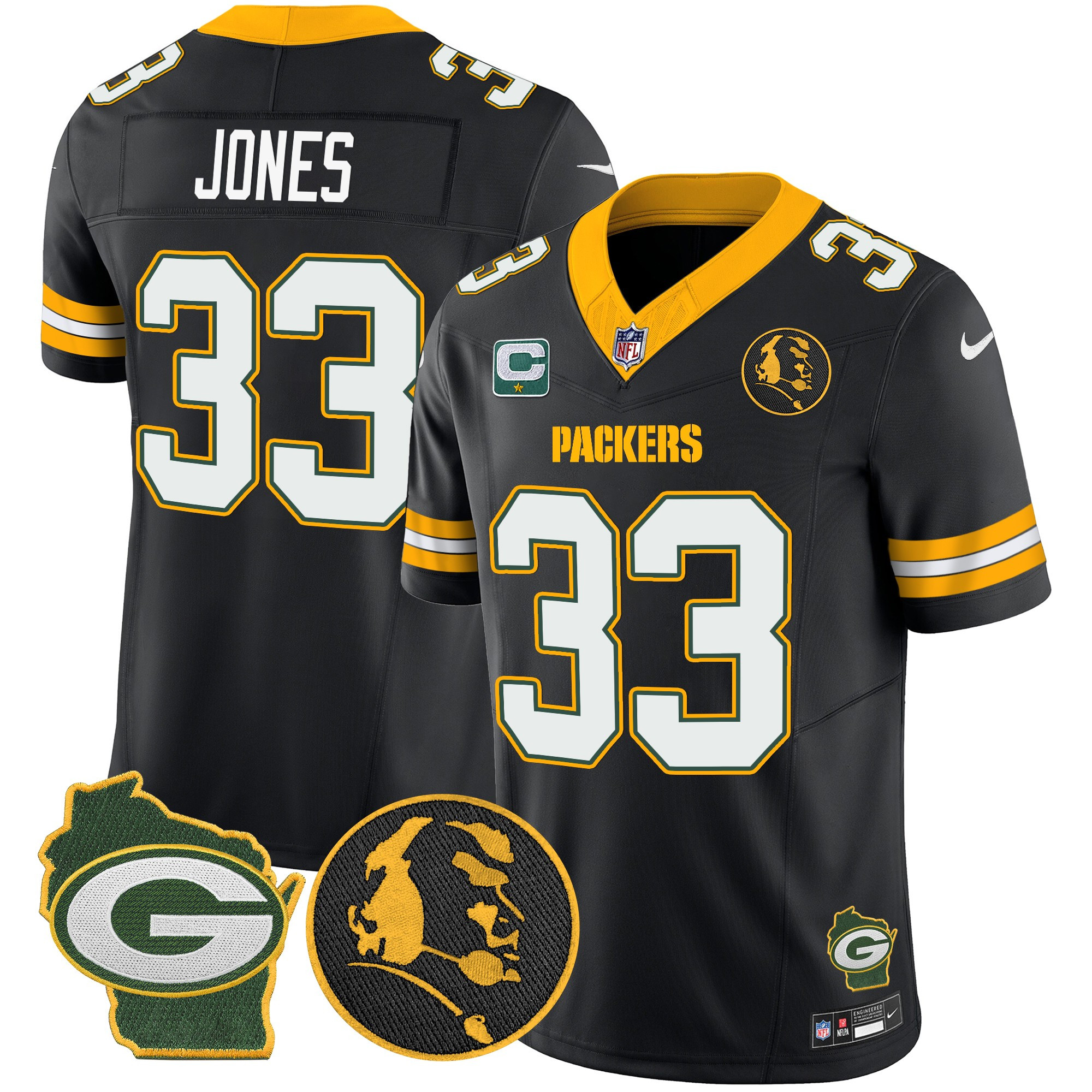 Aaron Jones Men's Green Bay Packers John Madden & Home Patch Vapor Limited Black Jersey - All Stitched