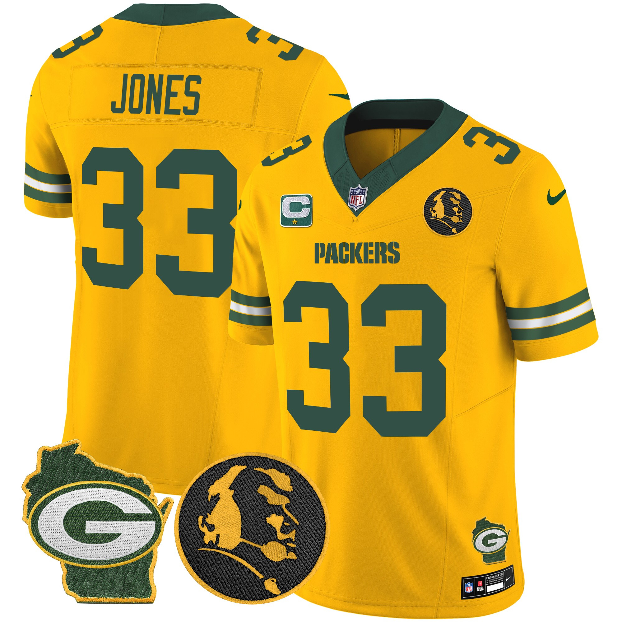 Aaron Jones Men's Green Bay Packers John Madden & Home Patch Vapor Limited Gold Jersey - All Stitched