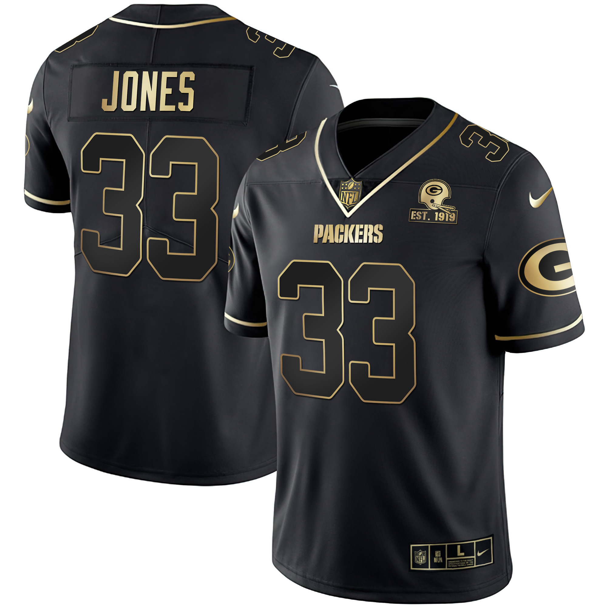 Aaron Jones Men's Green Bay Packers White Gold & Black Gold Est 1919 Patch - All Stitched Black Gold Jersey - All Stitched