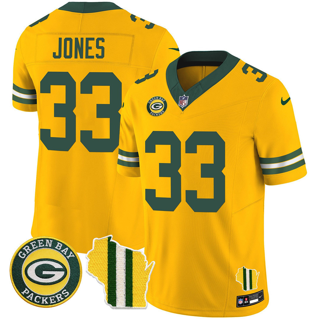 Aaron Jones Men's Green Bay Packers Wisconsin State Patch Vapor Limited Jersey - All Sttiched Gold Jersey - All Stitched