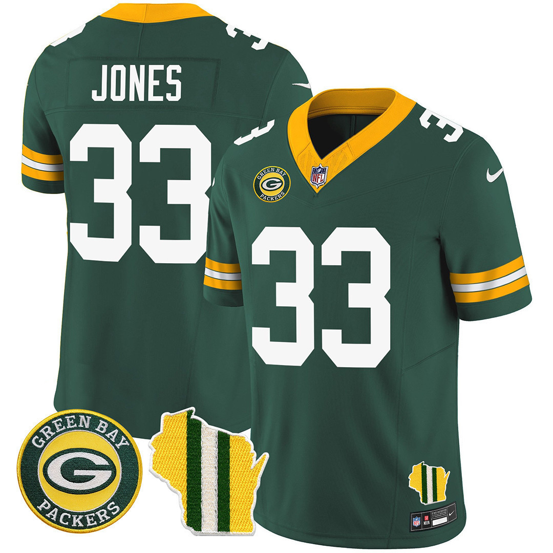 Aaron Jones Men's Green Bay Packers Wisconsin State Patch Vapor Limited Jersey - All Sttiched Green Jersey - All Stitched