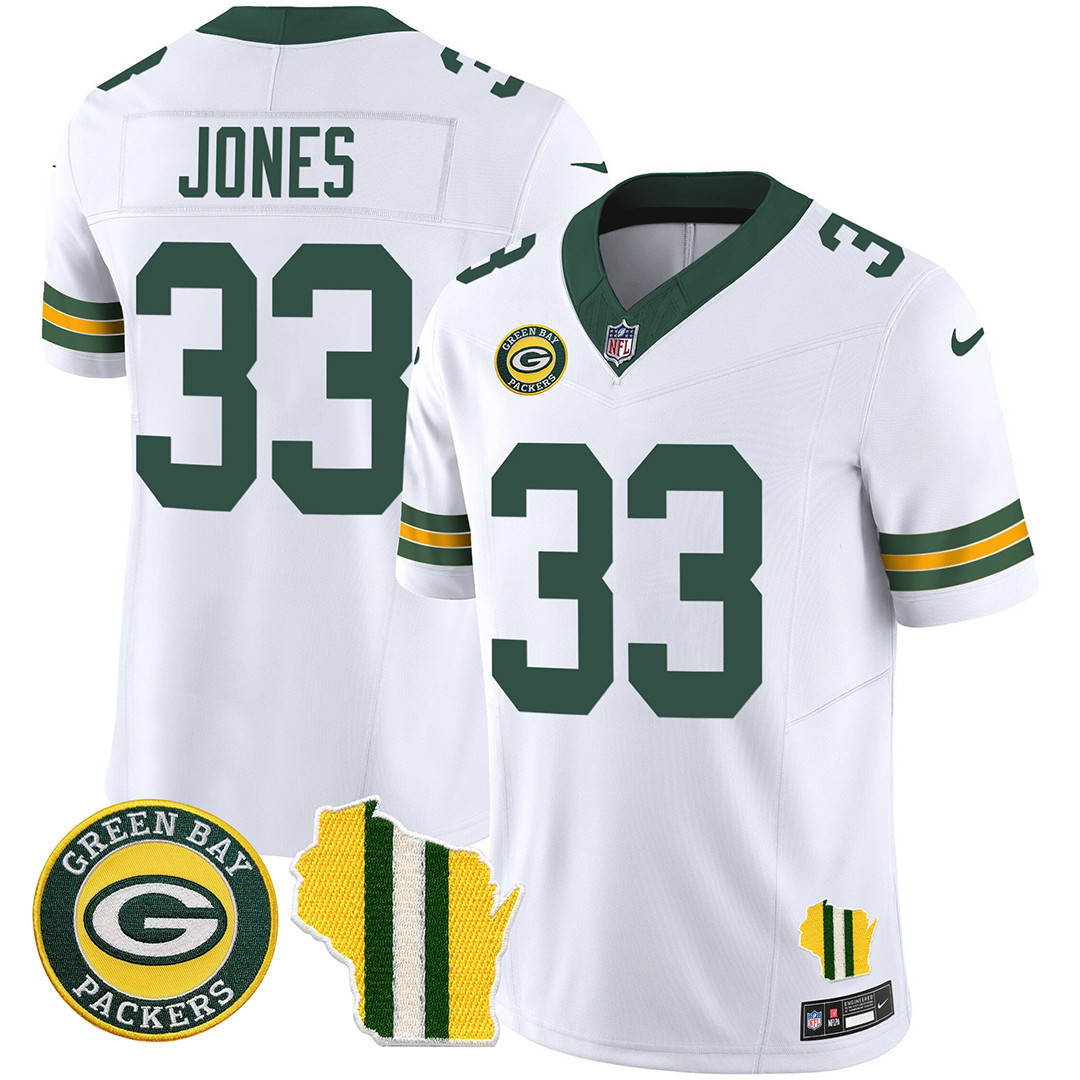 Aaron Jones Men's Green Bay Packers Wisconsin State Patch Vapor Limited Jersey - All Sttiched White Jersey - All Stitched