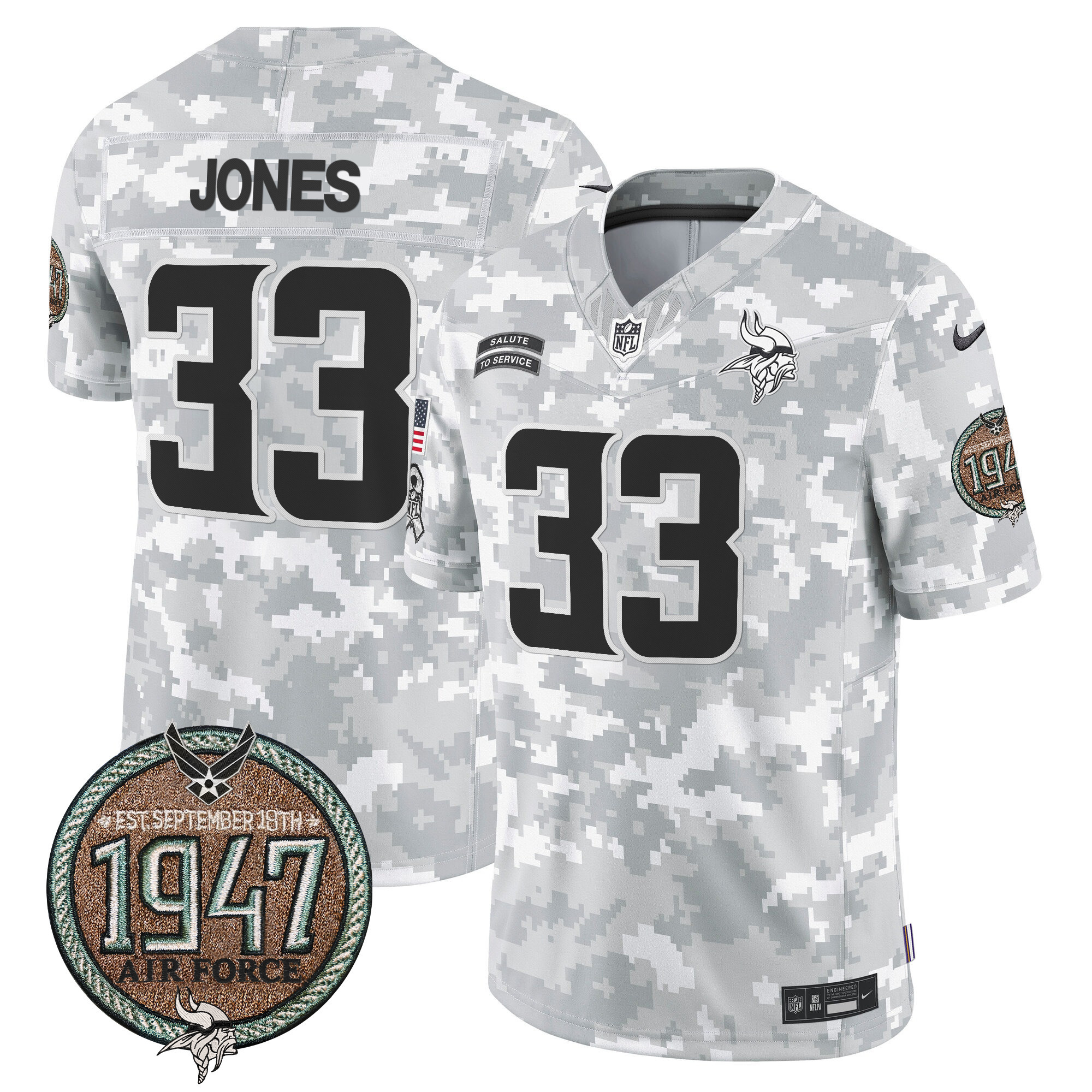 Aaron Jones Men's Minnesota Vikings 2024 Salute to Service Establishment Year Patch Vapor Limited Air Force Jersey - All Stitched