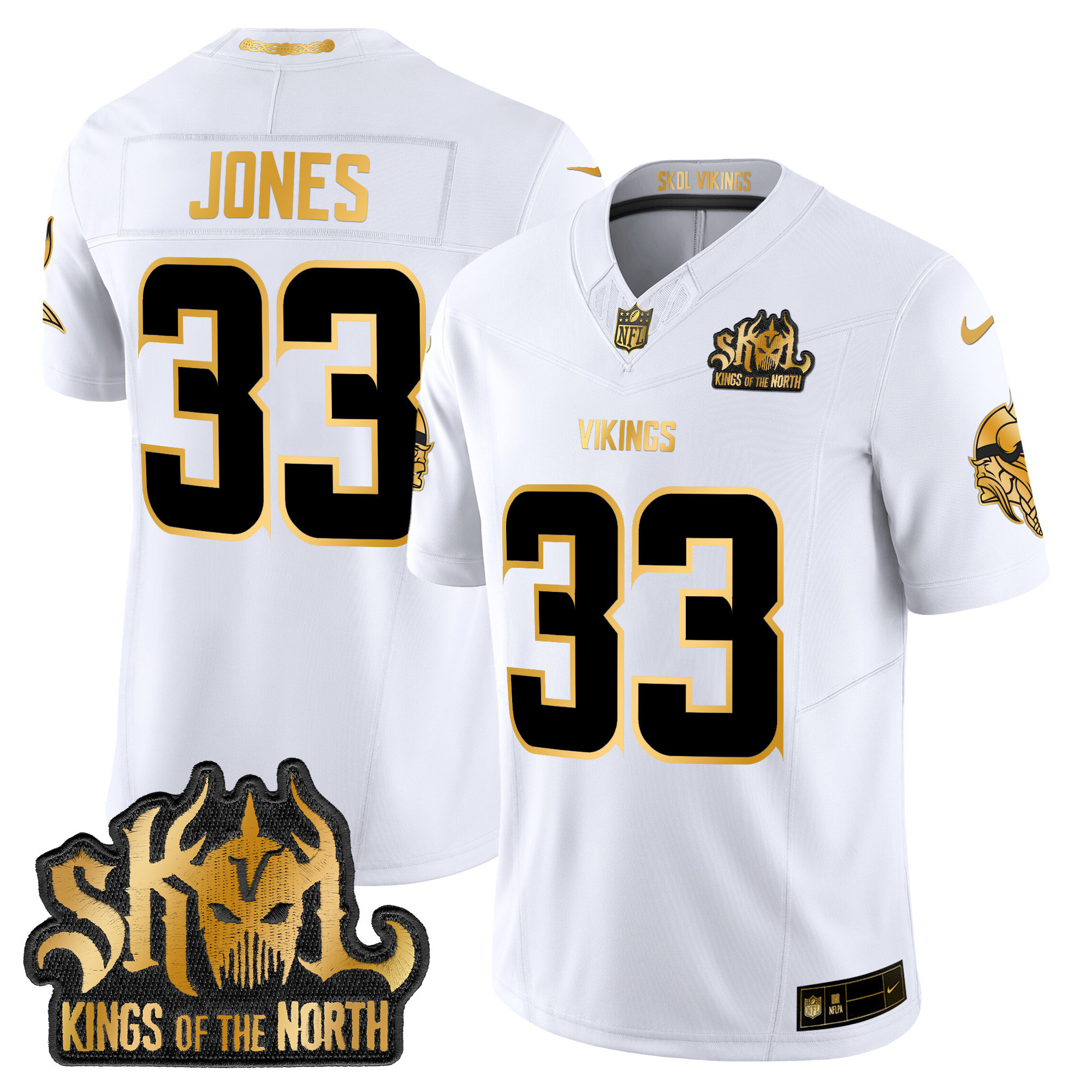 Aaron Jones Men's Minnesota Vikings 2024 Winter Warrior Skol Patch Gold Vapor Limited White Gold Jersey - All Stitched