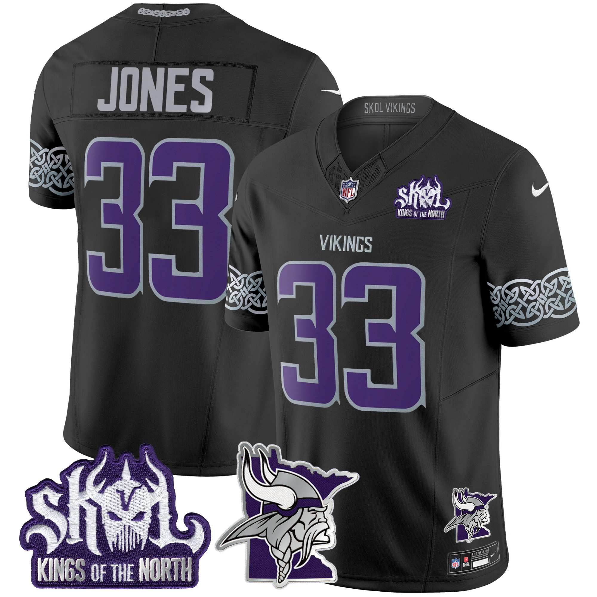 Aaron Jones Men's Minnesota Vikings 2024 Winter Warrior Skol Patch Vapor Limited Black Jersey - All Stitched