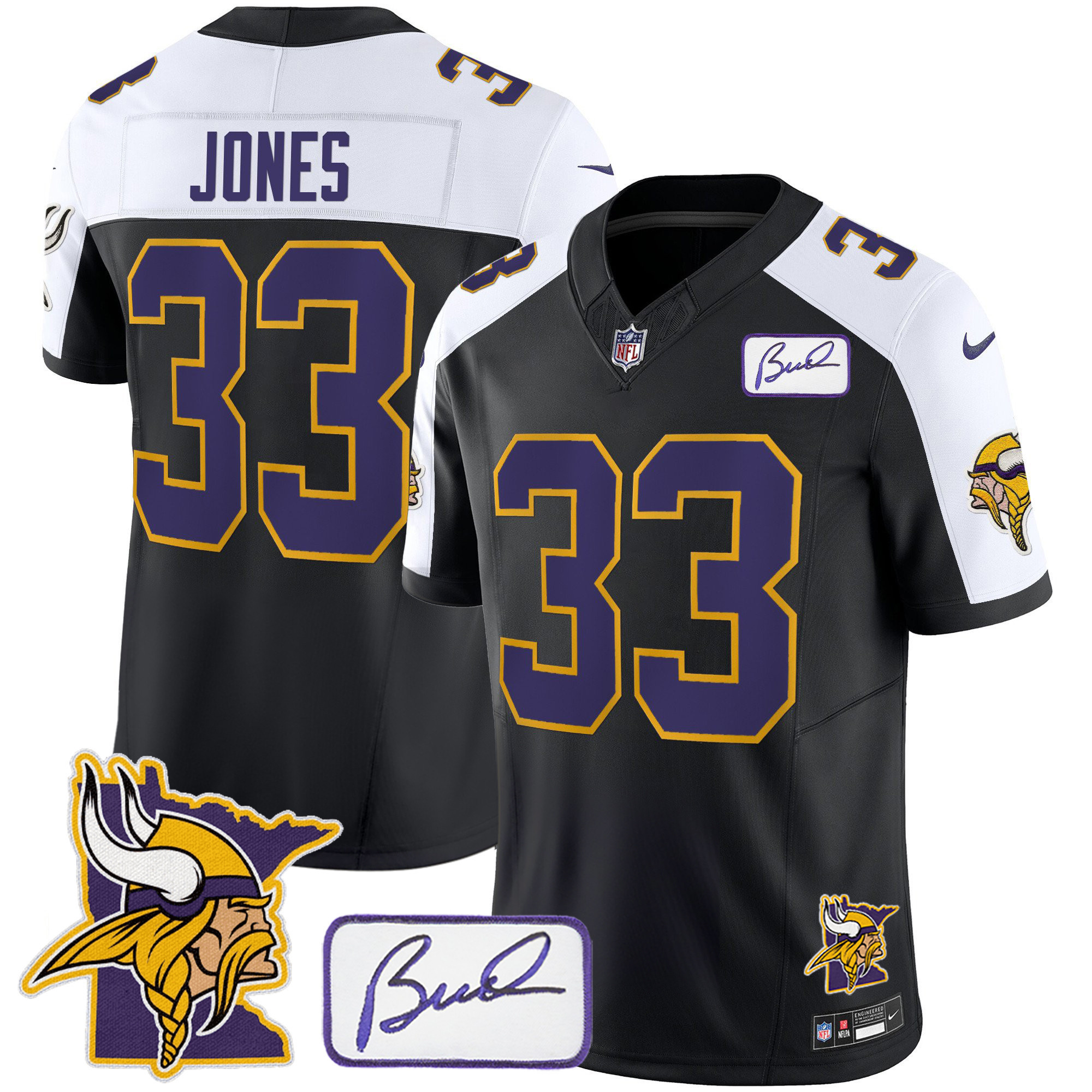 Aaron Jones Men's Minnesota Vikings Bud Grant & Minnesota Patch Classic Limited Black Alternate Jersey - All Stitched