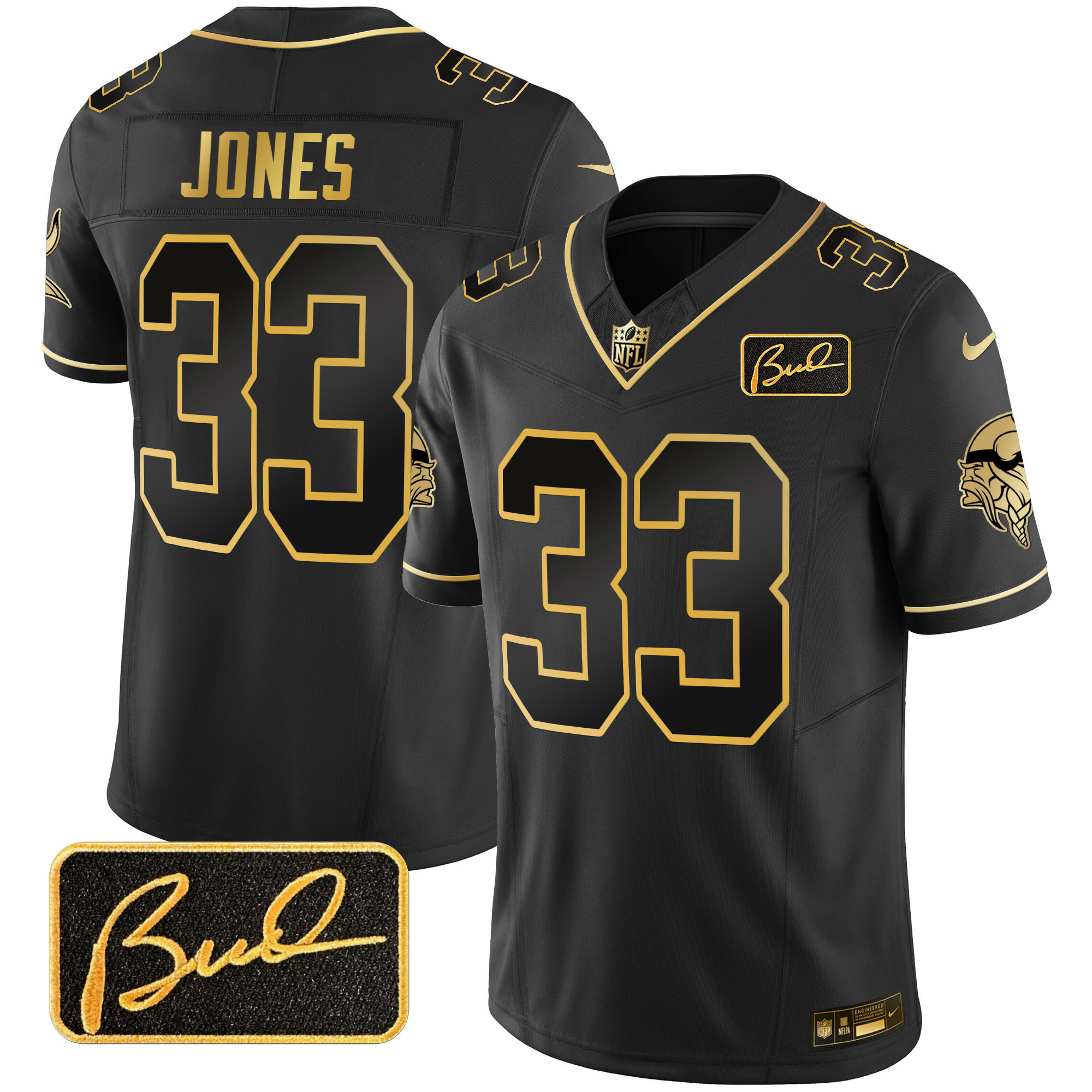 Aaron Jones Men's Minnesota Vikings Bud Grant Patch Gold Limited Black Gold Jersey - All Stitched