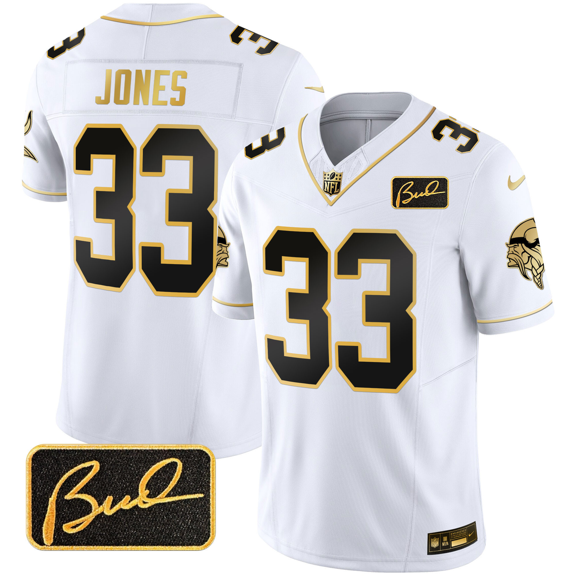 Aaron Jones Men's Minnesota Vikings Bud Grant Patch Gold Limited White Gold Jersey - All Stitched