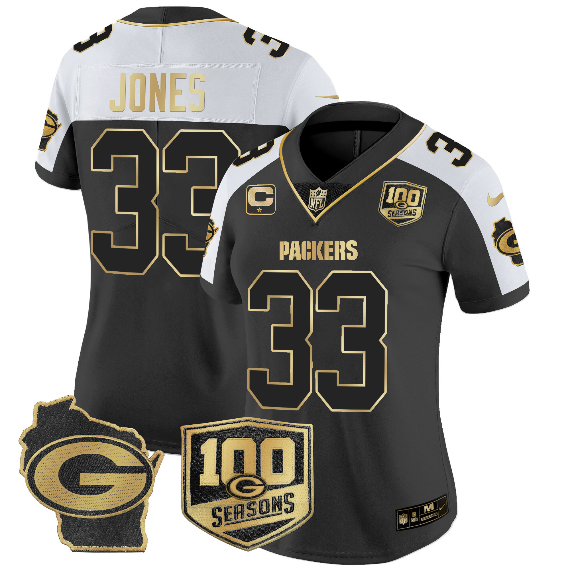 Aaron Jones Women's Green Bay Packers 100th Season & Home Patch Gold Vapor Limited Jersey ÃƒÂ¢Ã¢â€šÂ¬Ã¢â‚¬Å“ All Stitched Alternate Jersey - All Stitched