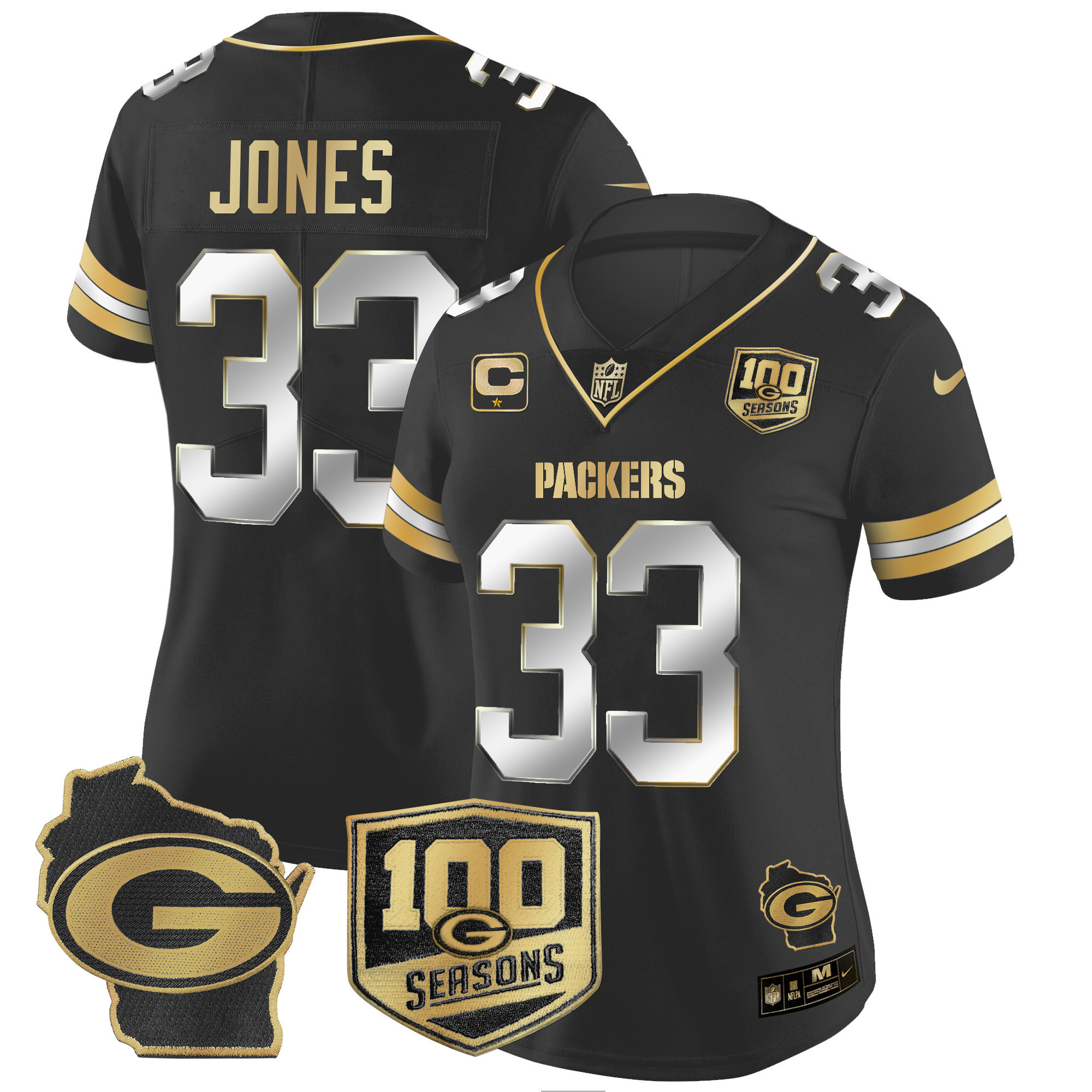 Aaron Jones Women's Green Bay Packers 100th Season & Home Patch Gold Vapor Limited Jersey Ã¢â‚¬â€œ All Stitched Black Limited Jersey - All Stitched