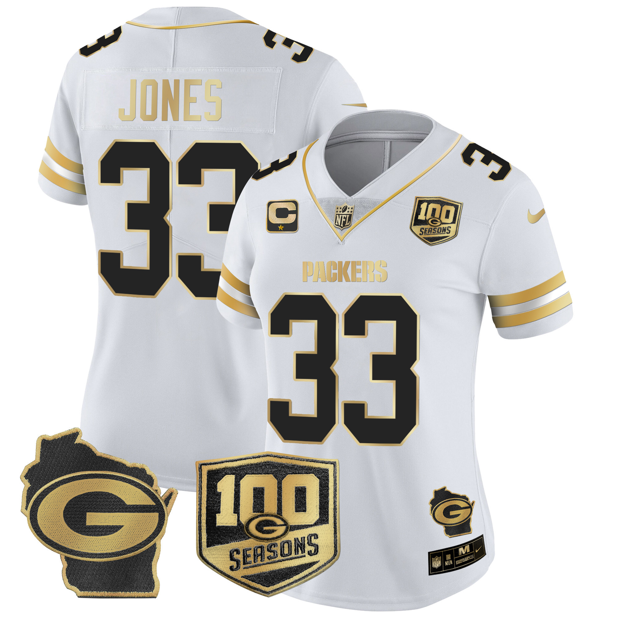 Aaron Jones Women's Green Bay Packers 100th Season & Home Patch Gold Vapor Limited Jersey ÃƒÂ¢Ã¢â€šÂ¬Ã¢â‚¬Å“ All Stitched White Gold Jersey - All Stitched