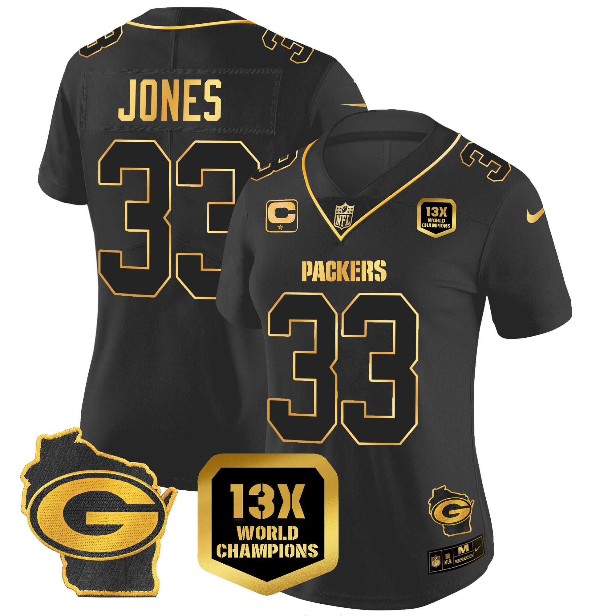 Aaron Jones Women's Green Bay Packers 13 Time World Champions & Home Patch Gold Vapor Jersey Ã¯Â¿Â½ All Stitched Black Gold Jersey - All Stitched