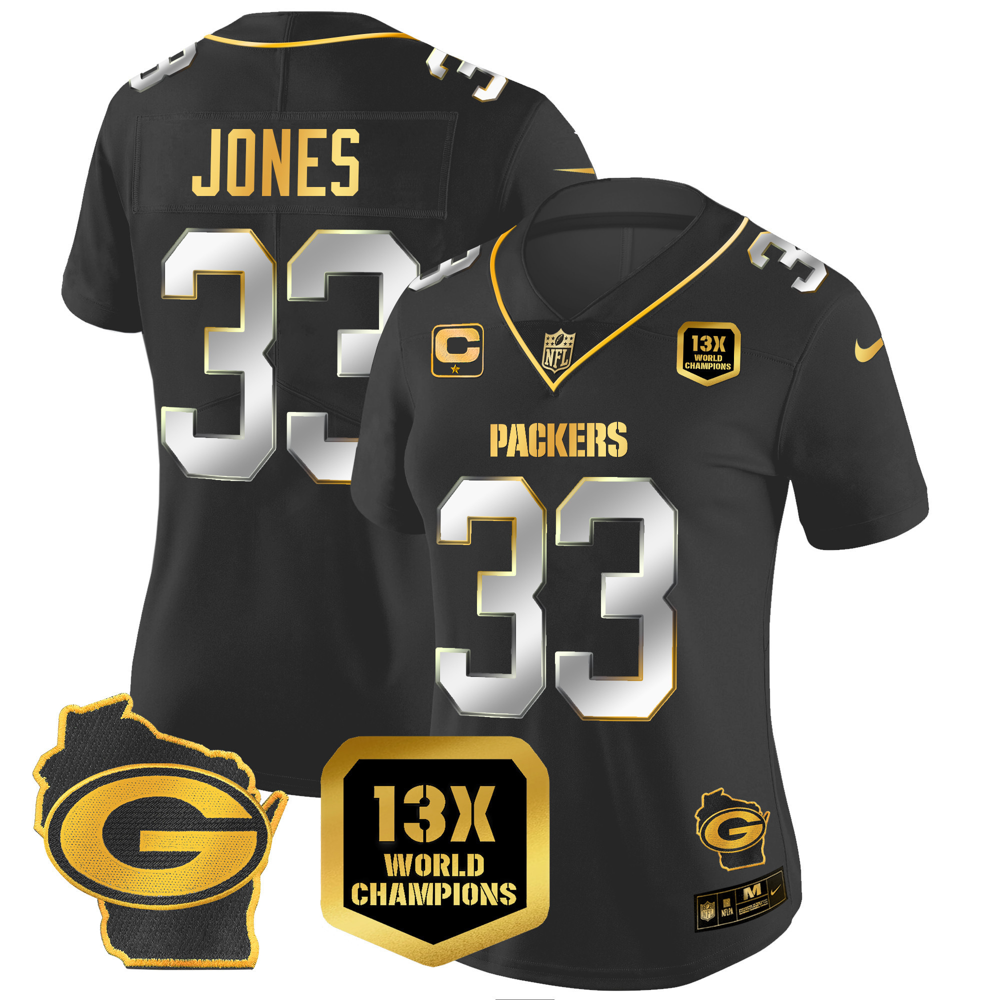 Aaron Jones Women's Green Bay Packers 13 Time World Champions & Home Patch Gold Vapor Jersey Ã¯Â¿Â½ All Stitched Black Limited Jersey - All Stitched