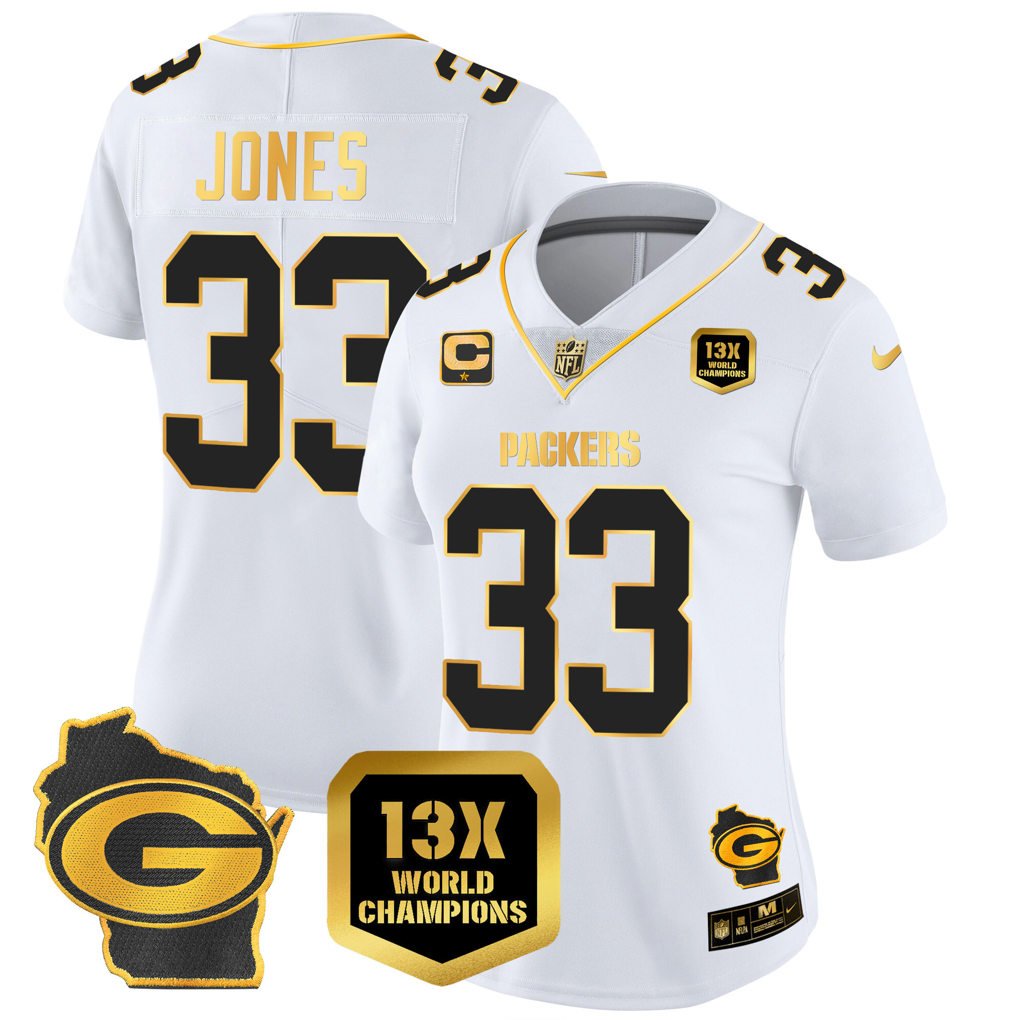 Aaron Jones Women's Green Bay Packers 13 Time World Champions & Home Patch Gold Vapor Jersey Ã¯Â¿Â½ All Stitched White Gold Jersey - All Stitched