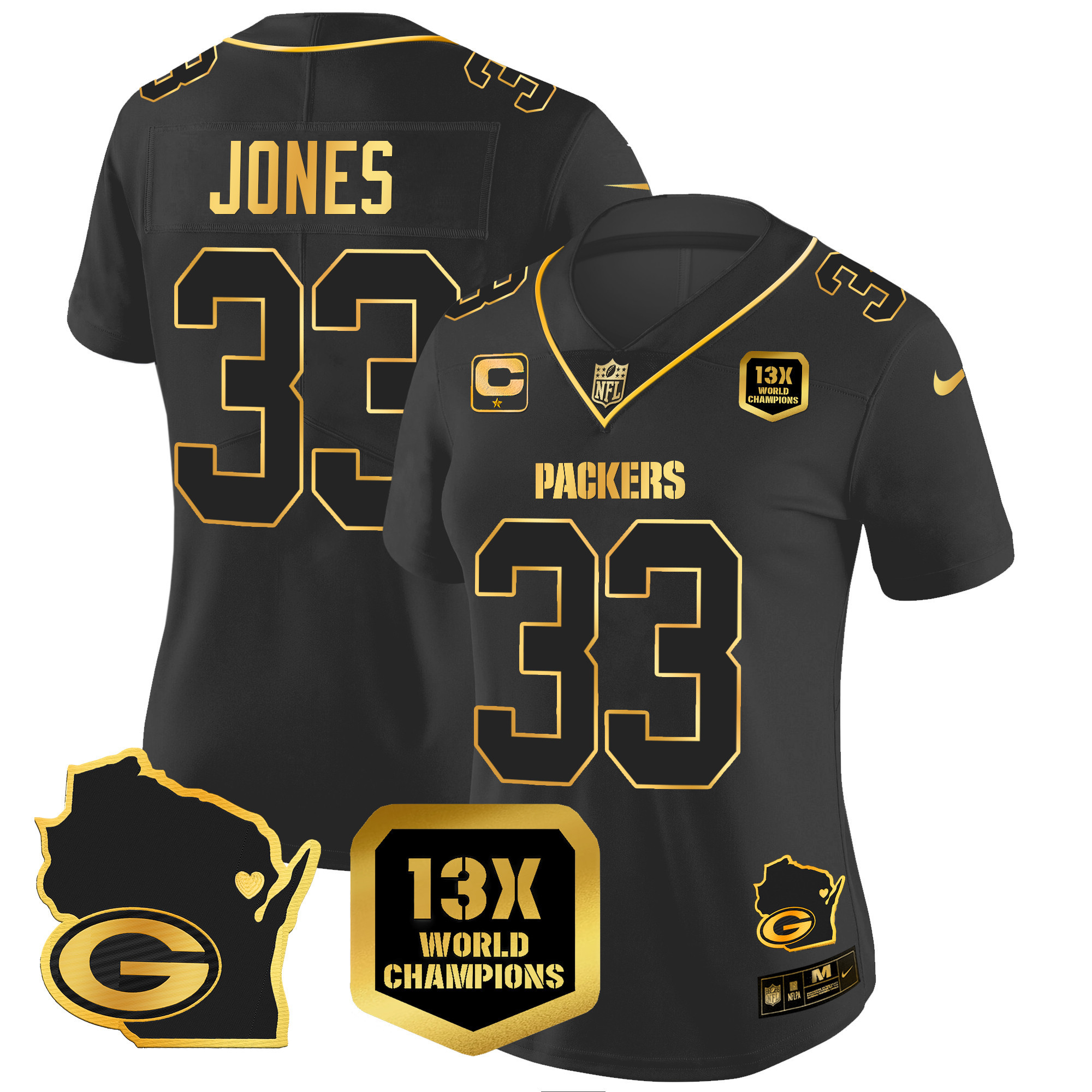 Aaron Jones Women's Green Bay Packers 13 Time World Champions & Home Patch Gold Vapor Jersey V2 Ã¯Â¿Â½ All Stitched Black Gold Jersey - All Stitched